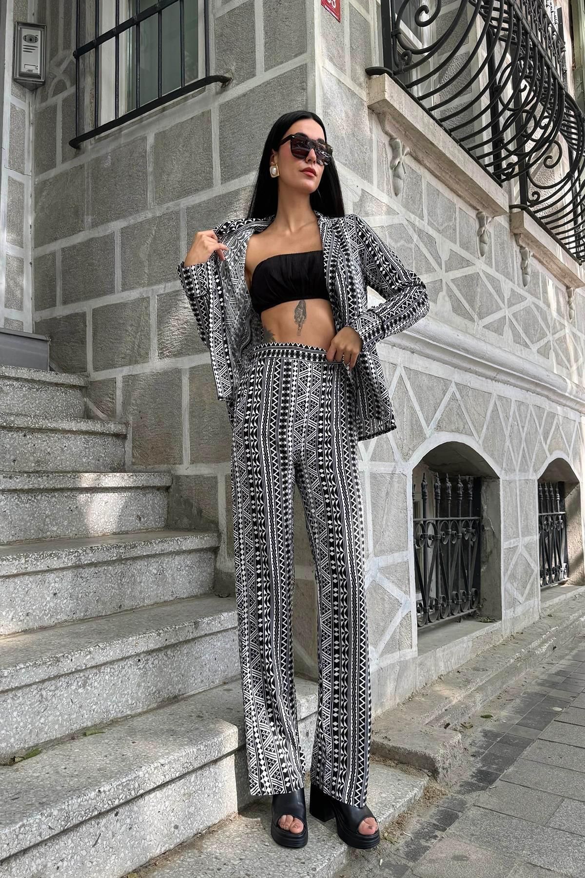 FOR YOU MODA-3-Piece Viscose Patterned Bustier Trousers Black Set 3