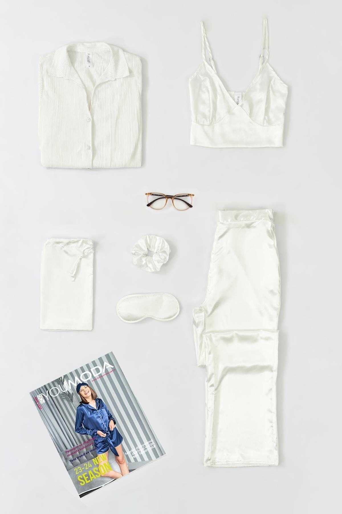 FOR YOU MODA 6'lı Pliseli Ekru Bustiyerli Pijama Takım