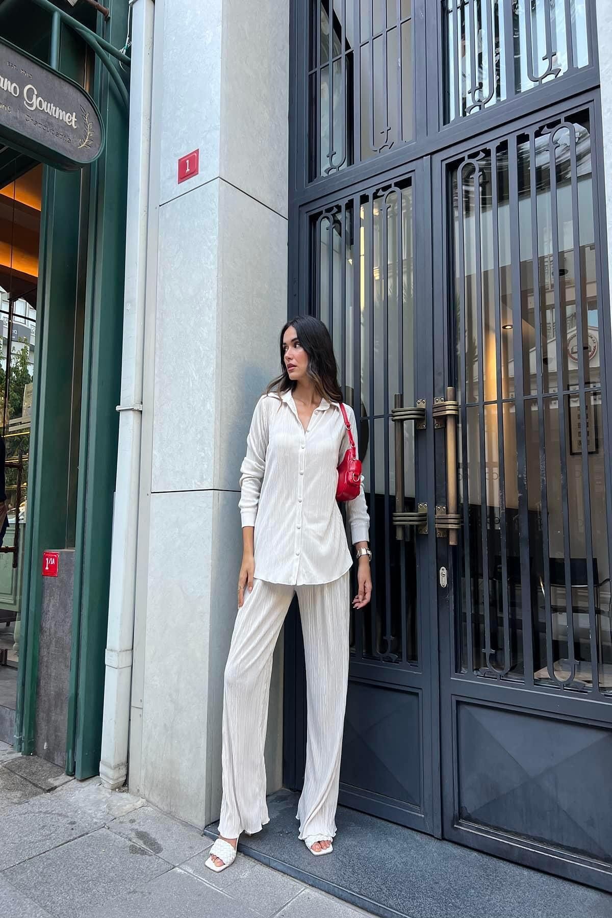 FOR YOU MODA 2'li Piliseli Gömlek Pantolon Taş Takım