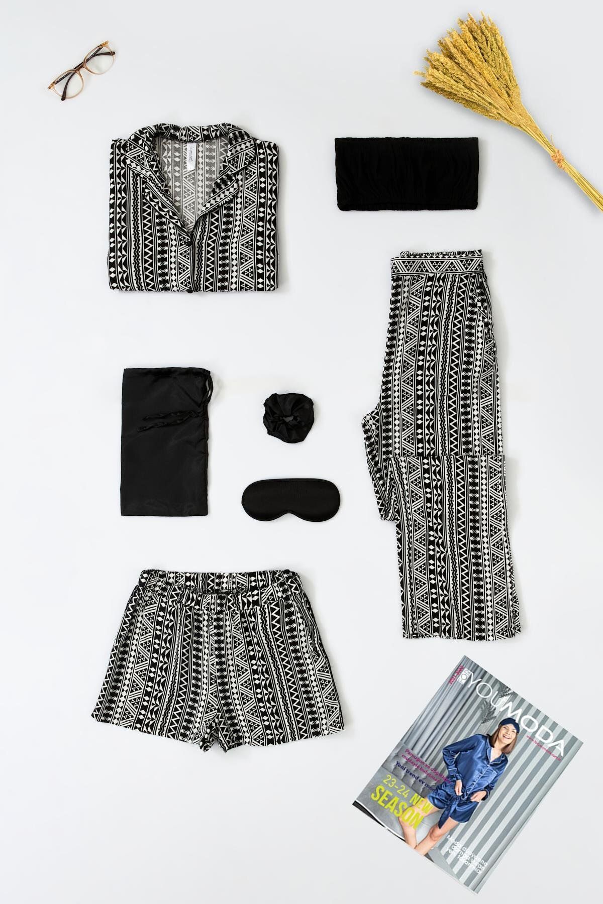 FOR YOU MODA 7'li Viskon Hem İçeride Hem Dışarıda Asimetrik Desen Siyah Pijama Takımı