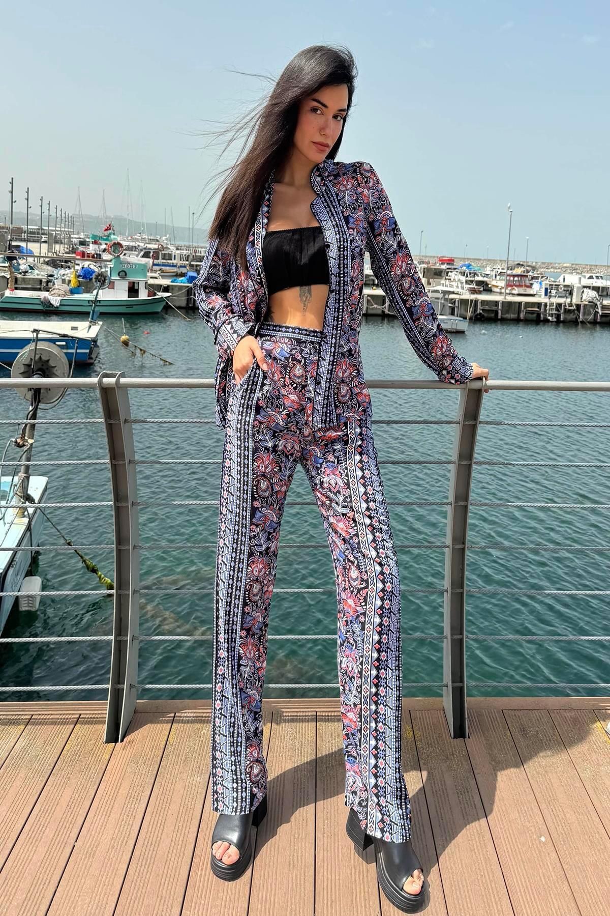 FOR YOU MODA 3'lü Viskon Desenli Bustiyer Pantolon Kırmızı-Mavi Takım