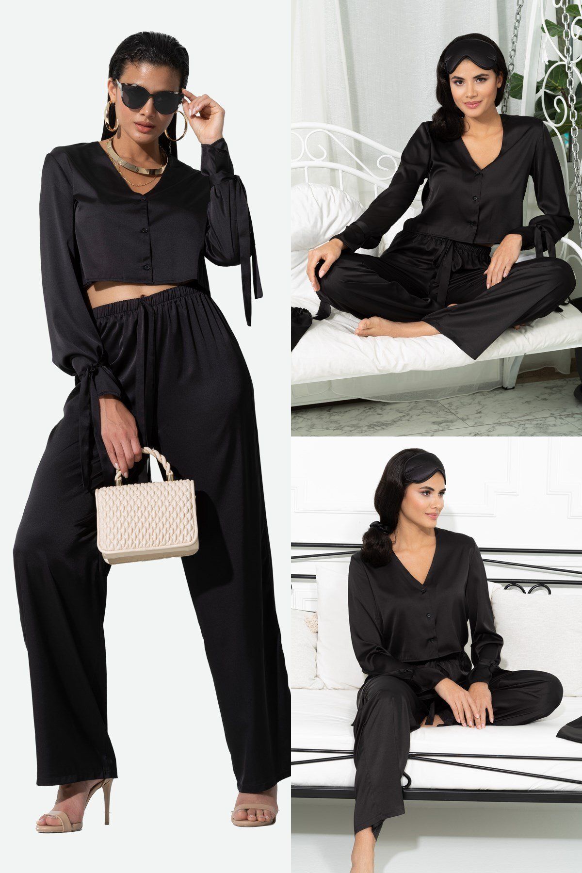 FOR YOU MODA 5'li İçeride&Dışarıda Kol Baglama Detaylı Siyah Pijama Takım
