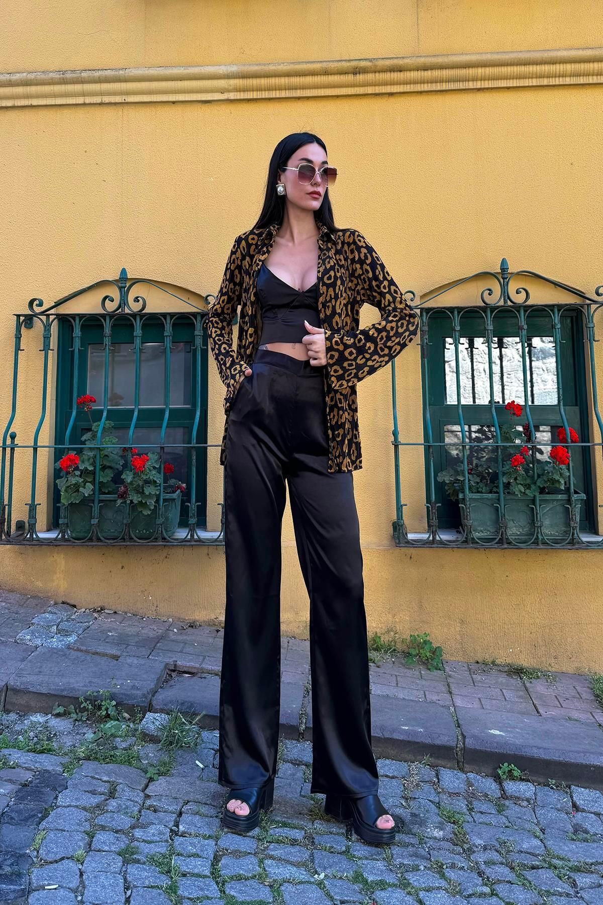 FOR YOU MODA-3 Pcs Satin Leopard Print Bustier Pants Black Set 3
