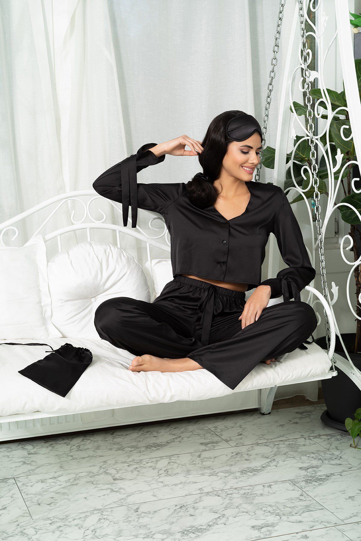 FOR YOU MODA-5-Piece Black Pajama Set with Sleeve Binding Detail Inside and Out 5