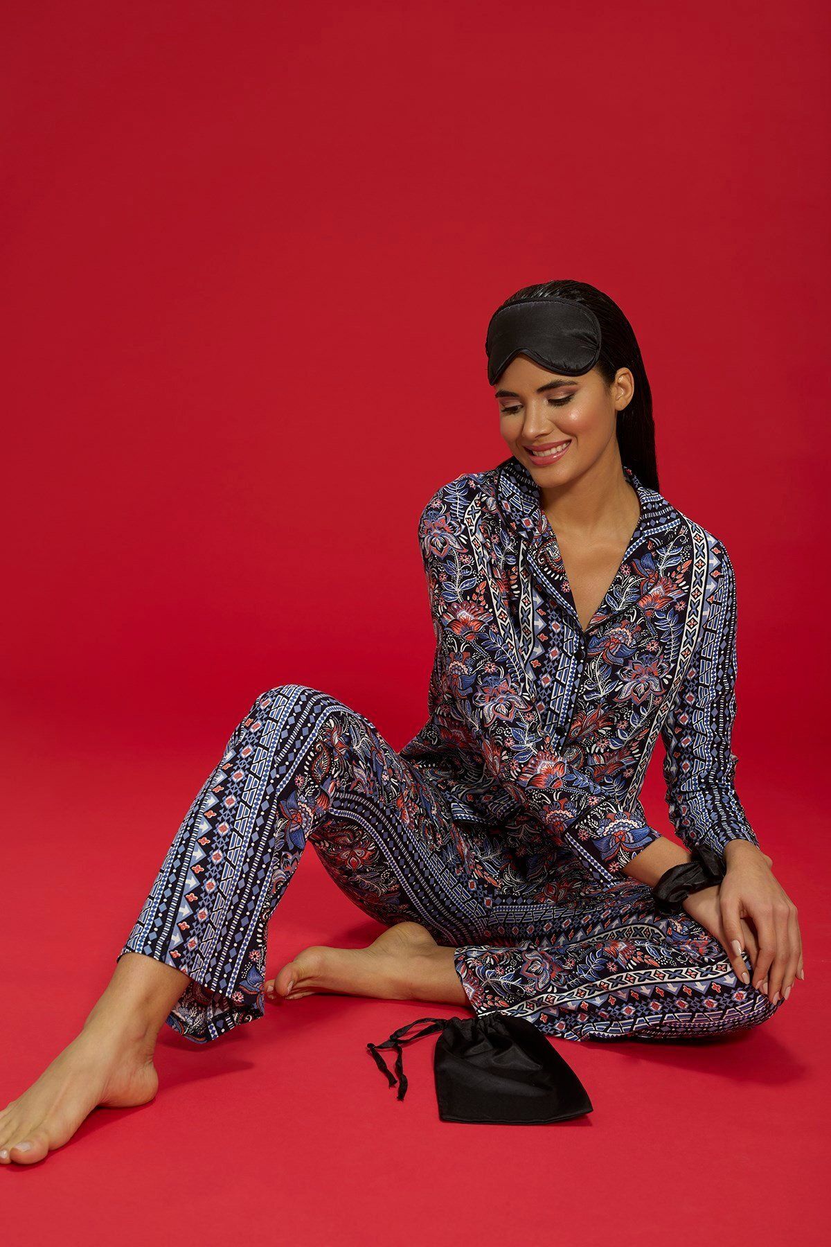 FOR YOU MODA-7-Piece Viscose Inside and Outside Ethnic Pattern Black Pajama Set 5