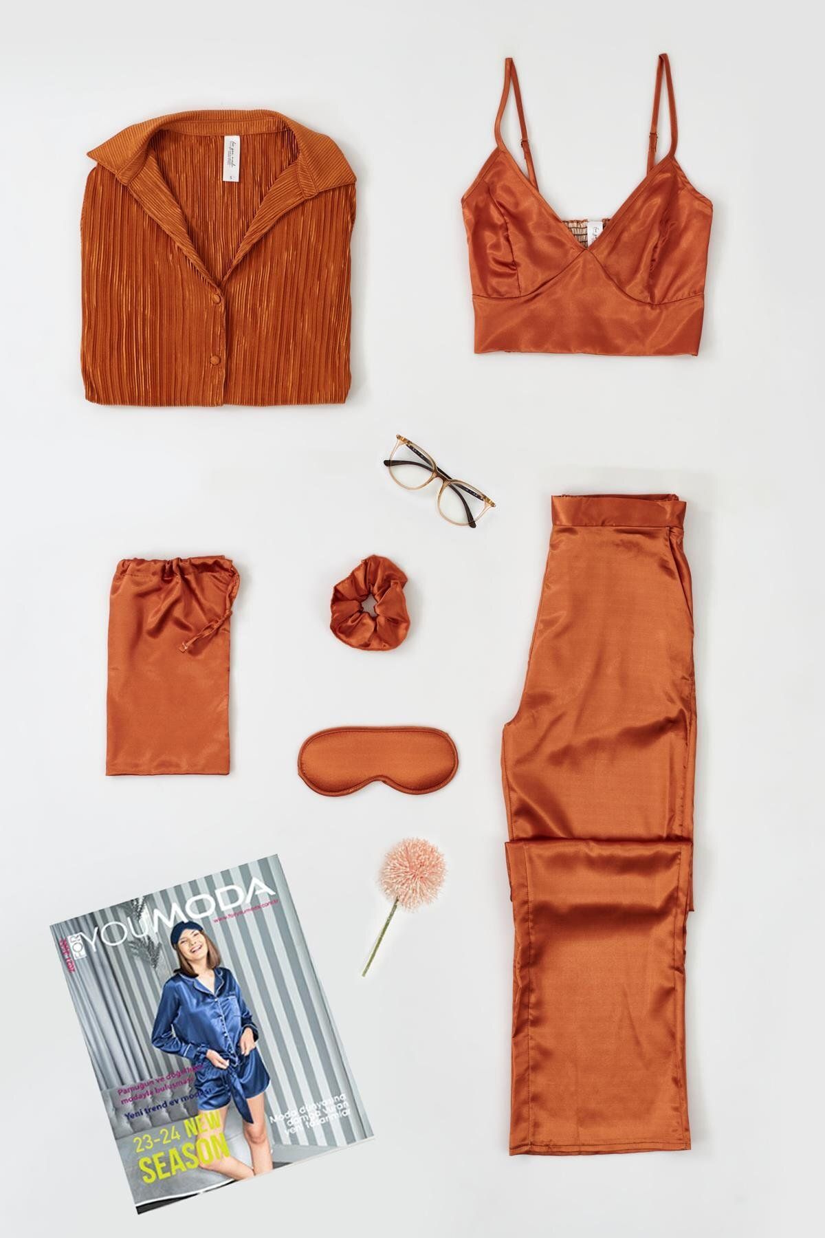 FOR YOU MODA 6'lı Pliseli Kiremit Bustiyerli Pijama Takım