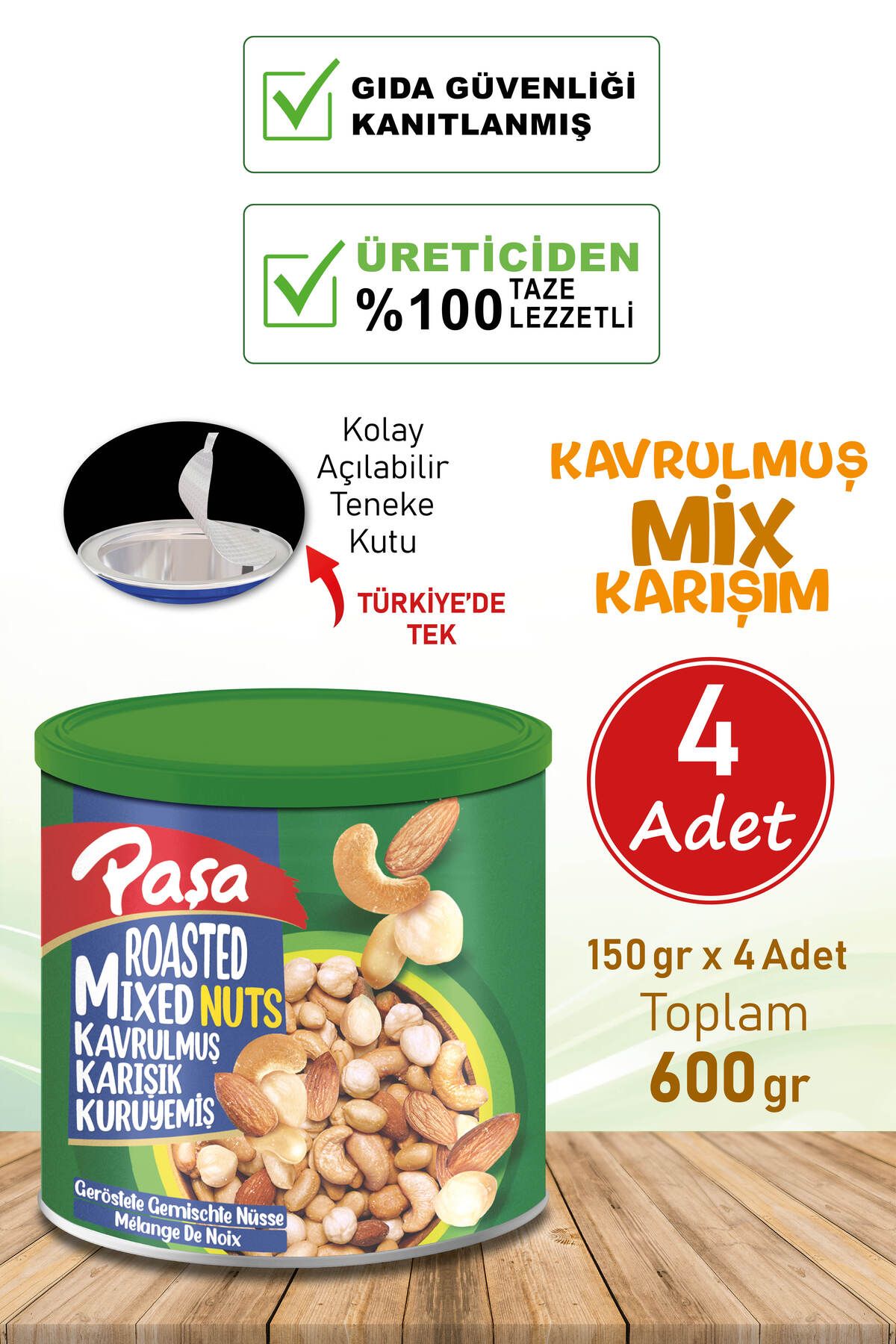 Paşa Kuruyemiş Kavrulmuş Karışık Kuruyemiş Teneke Kutu 150 gr X 4 Adet (1. KALİTE)