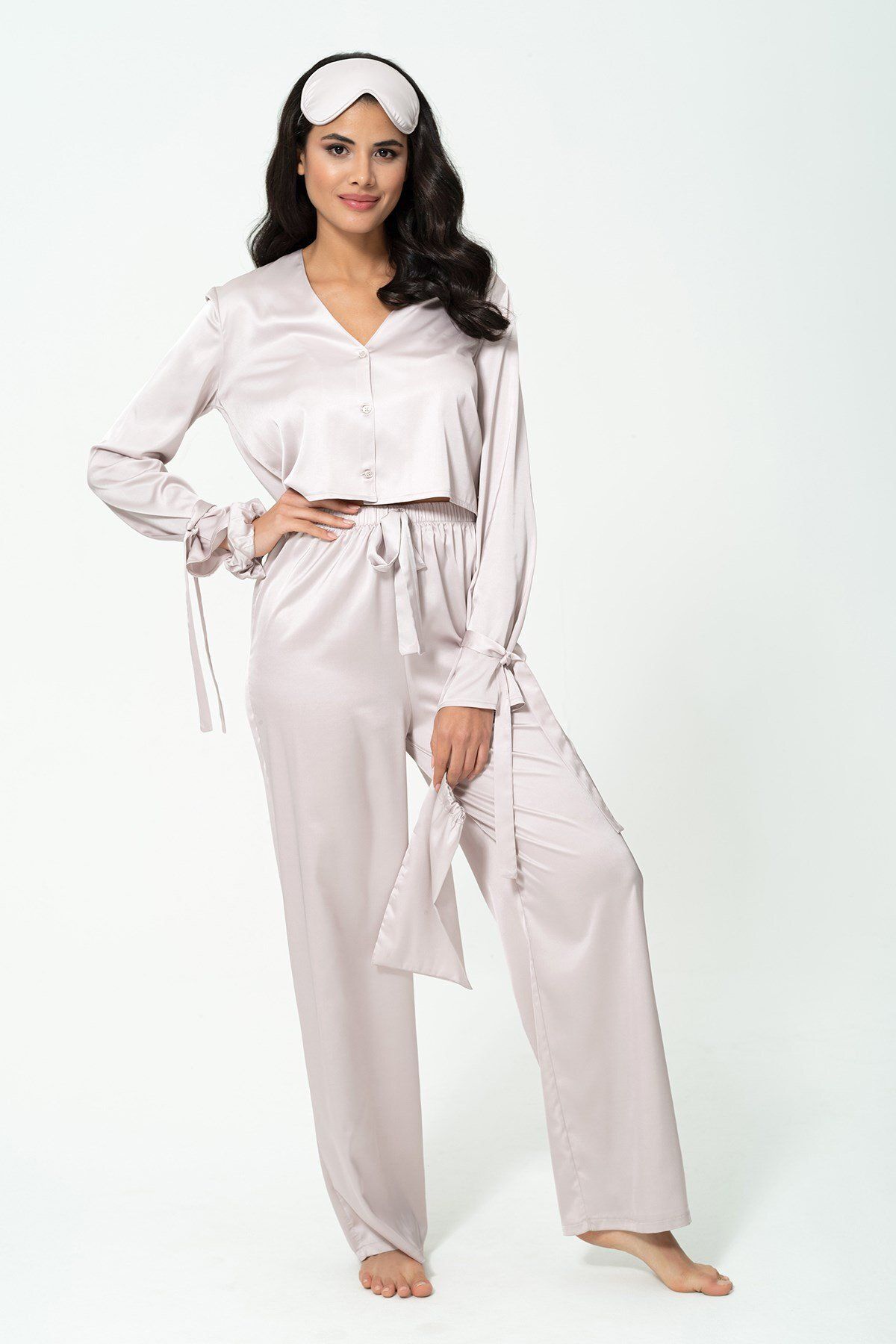 FOR YOU MODA-5-Piece Gray Pajama Set with Sleeve Binding Detail Inside and Out 4