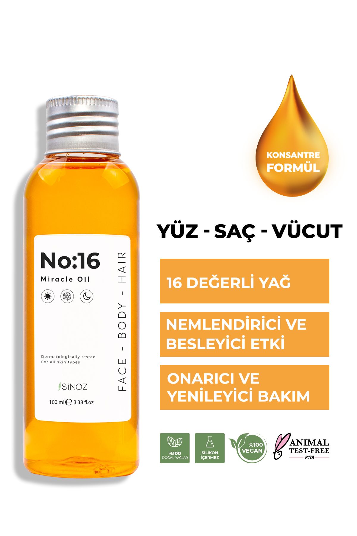 SİNOZ No:16 Nemlendirici Besleyici Yenileyici Işıltı Verici Mucizevi Onarıcı Bakım Yağı 100 ml