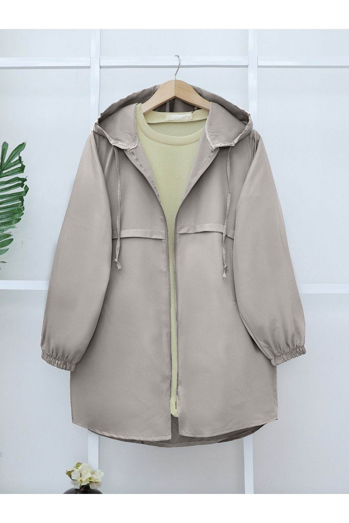 Modamorfo-Zippered Hooded Araboy Raincoat Trench Coat -Stone 2