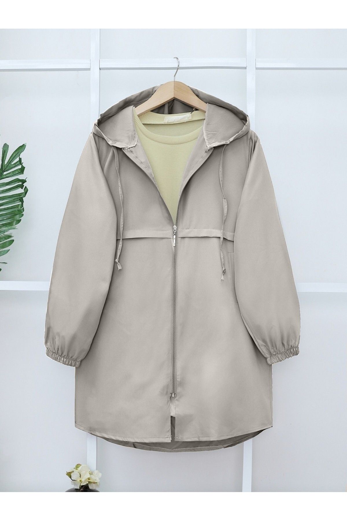 Modamorfo-Zippered Hooded Araboy Raincoat Trench Coat -Stone 1