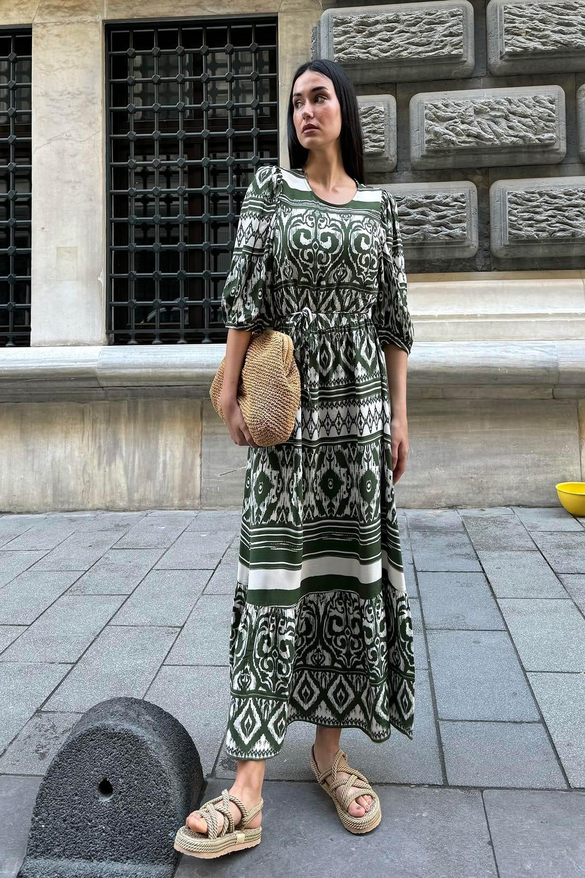 FOR YOU MODA Doğal Viskon Desenli Uzun Yeşil Elbise