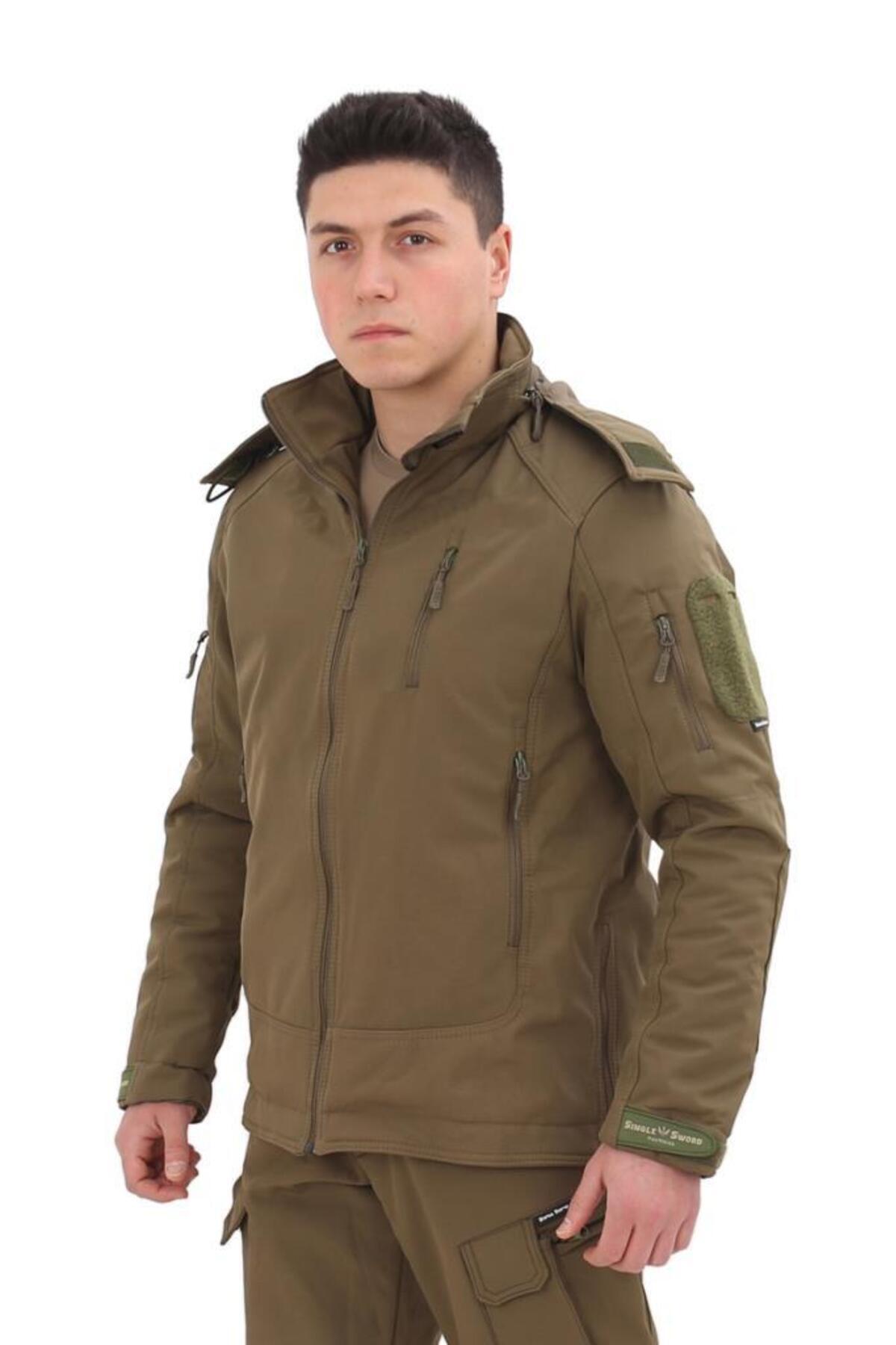 SINGLE SWORD Taktik Çok Cepli Polar Astarlı Suya Dayanıklı Avcı Outdoor Softshell Mont görsel 2