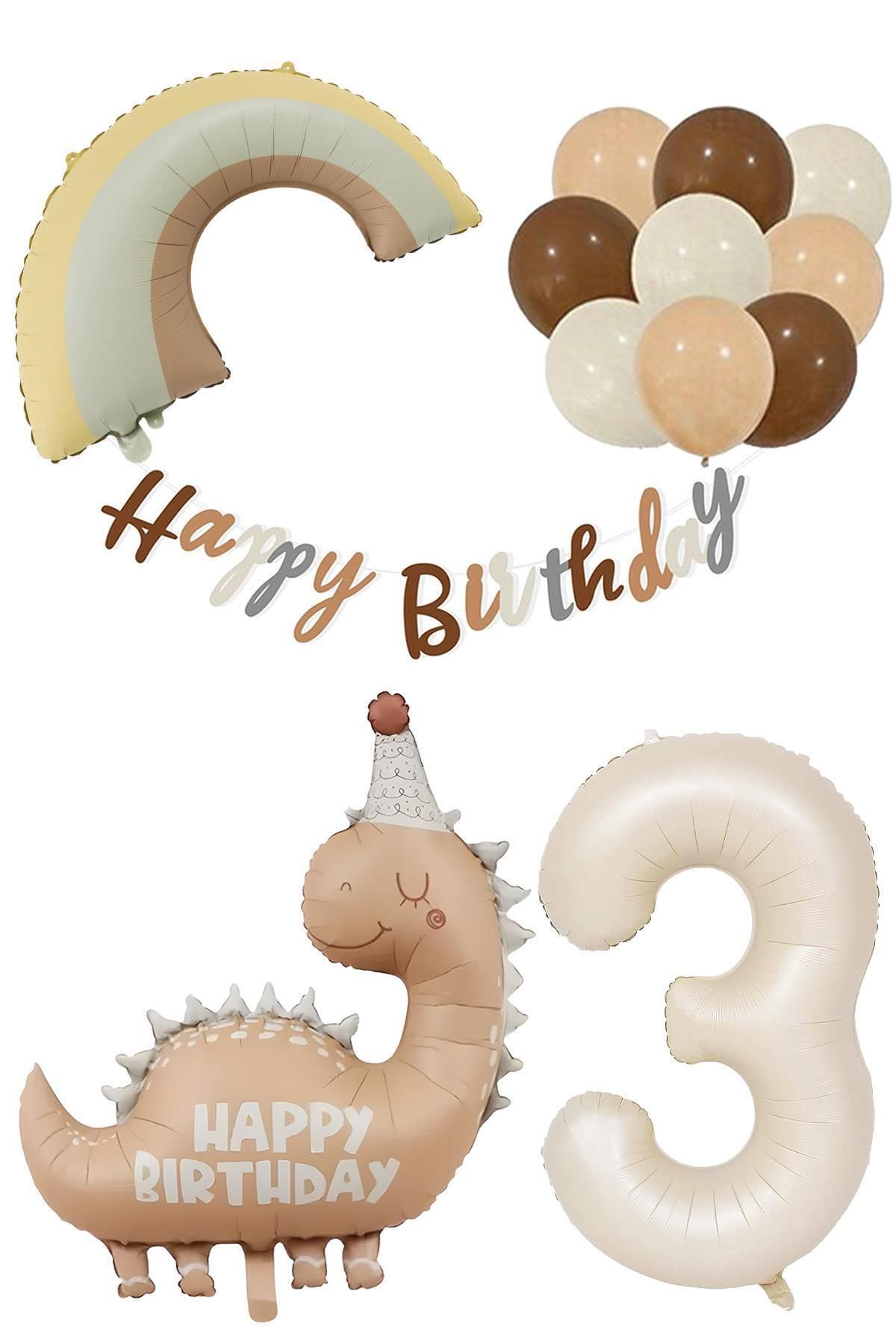 Patladı Gitti-Retro 3 Year Old Dinosaur Concept Birthday Set 1