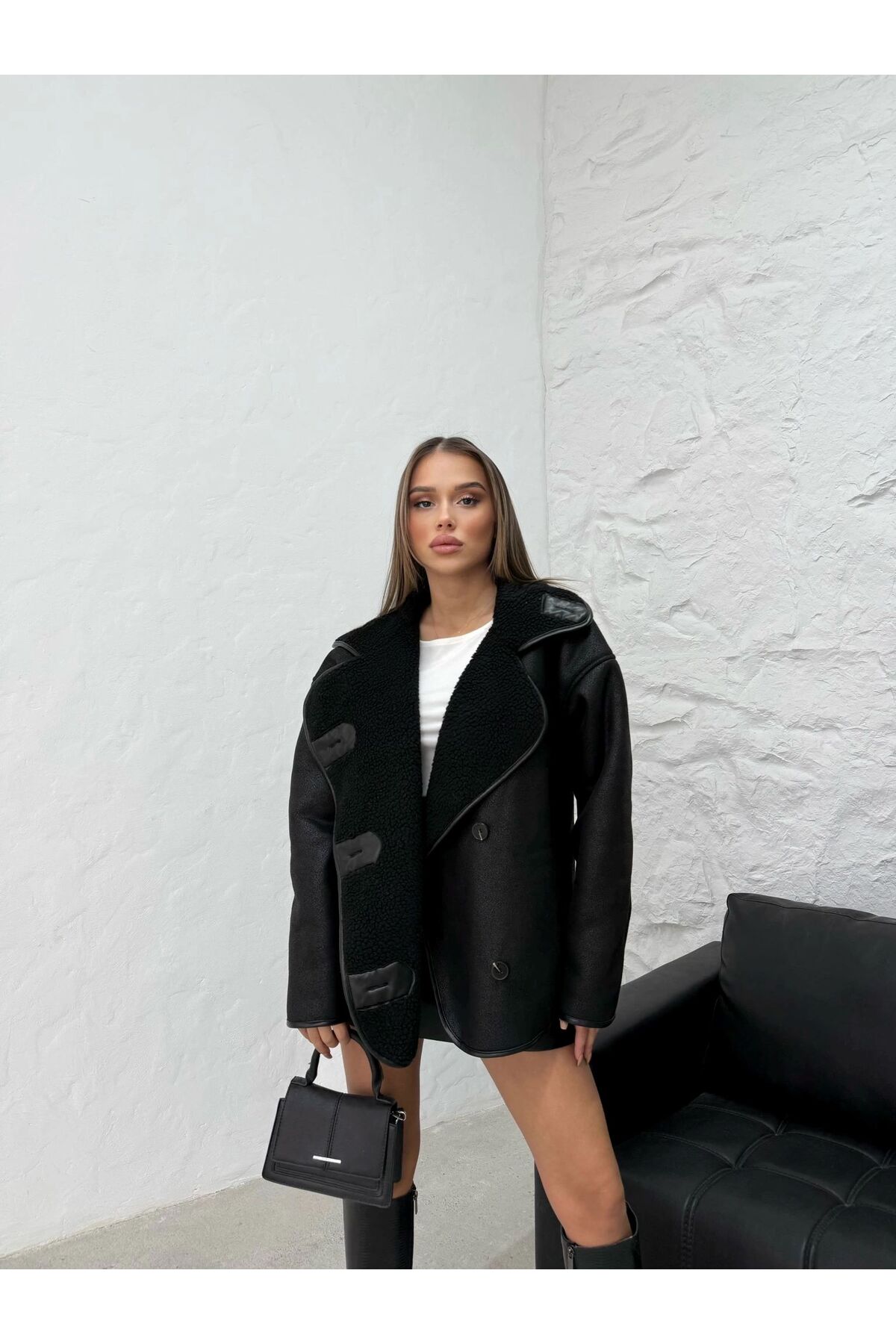 VESS MODA Kadın Oversize İçi Kürklü Deri Ceket Mont görsel 3
