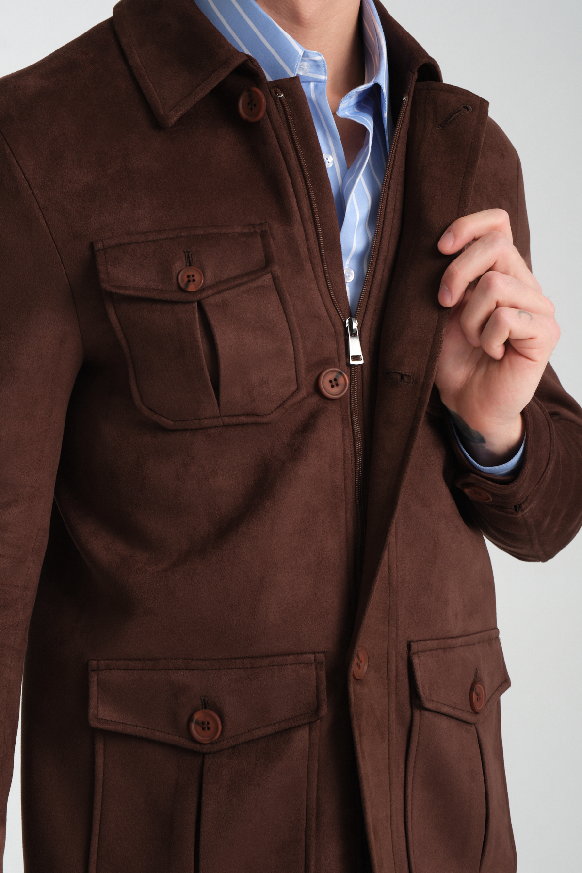 Frappoli  Fermuarlı-Düğmeli Erkek Süet Trençkot Mont Standart Fit - Görsel 3