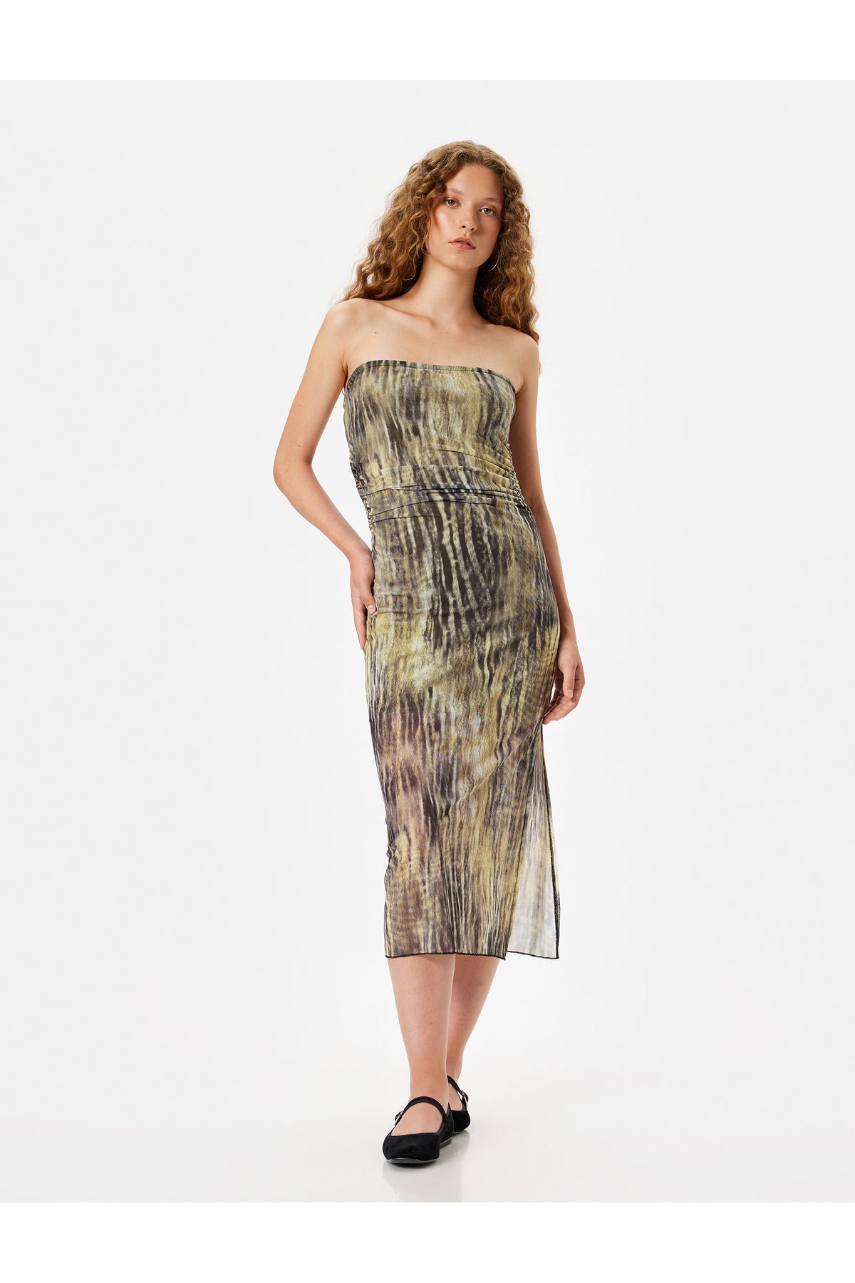 Koton-Midi Length Strapless Draped Sleeveless Dress - Abstract Pattern 2