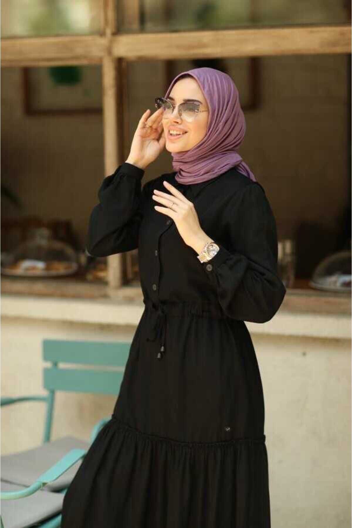 Neways-6559-Black Denim Gathered System Dress 3