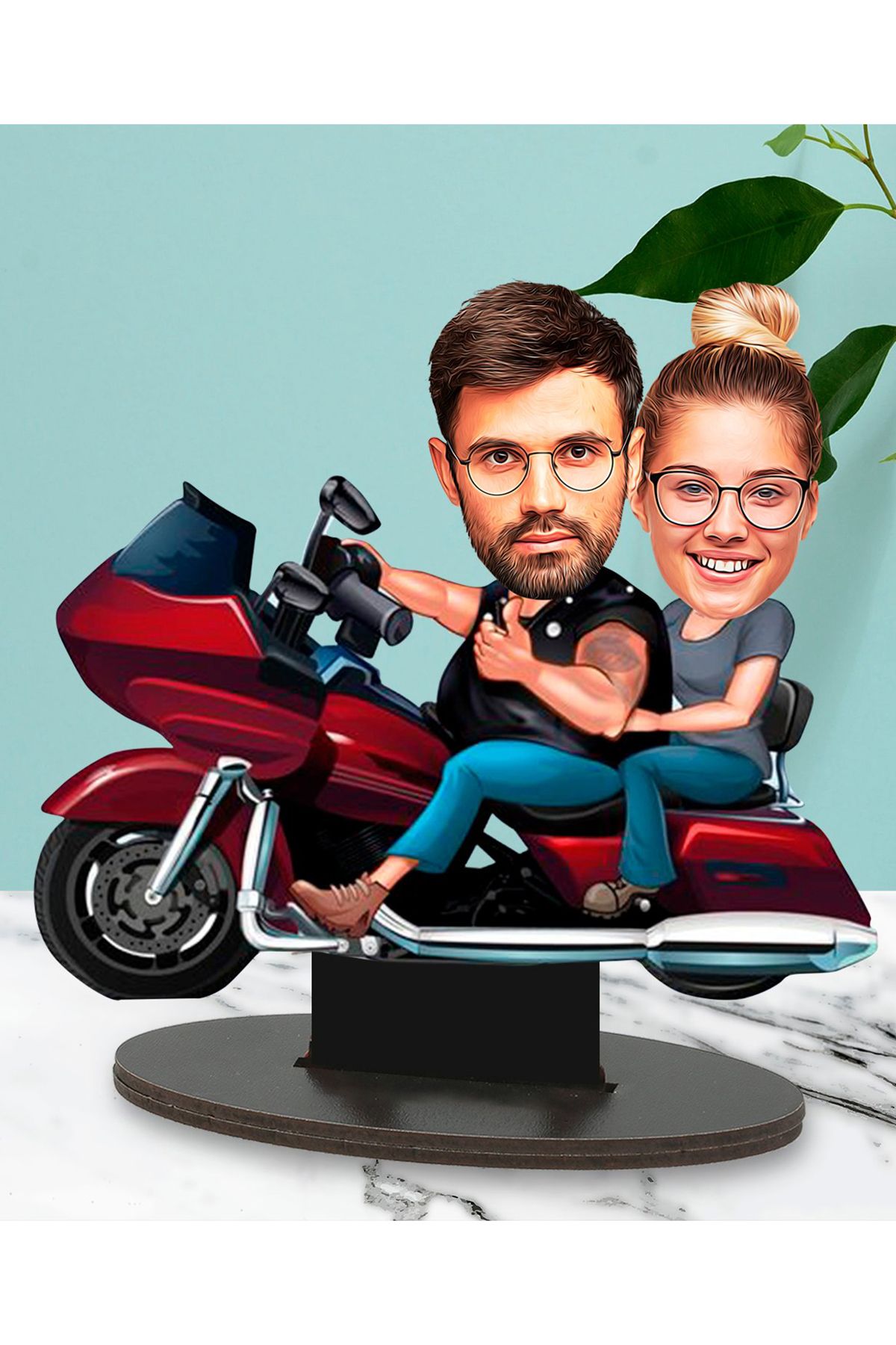 Kişiye Özel Fotoğraflı Motorcu Çift Tasarımlı Karikatür Biblo