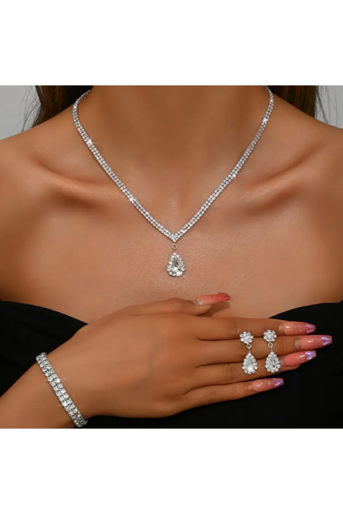 SE Jewellery Gümüş Kaplama Damla Model Su Yolu Kolye Küpe Bileklik Takı Seti