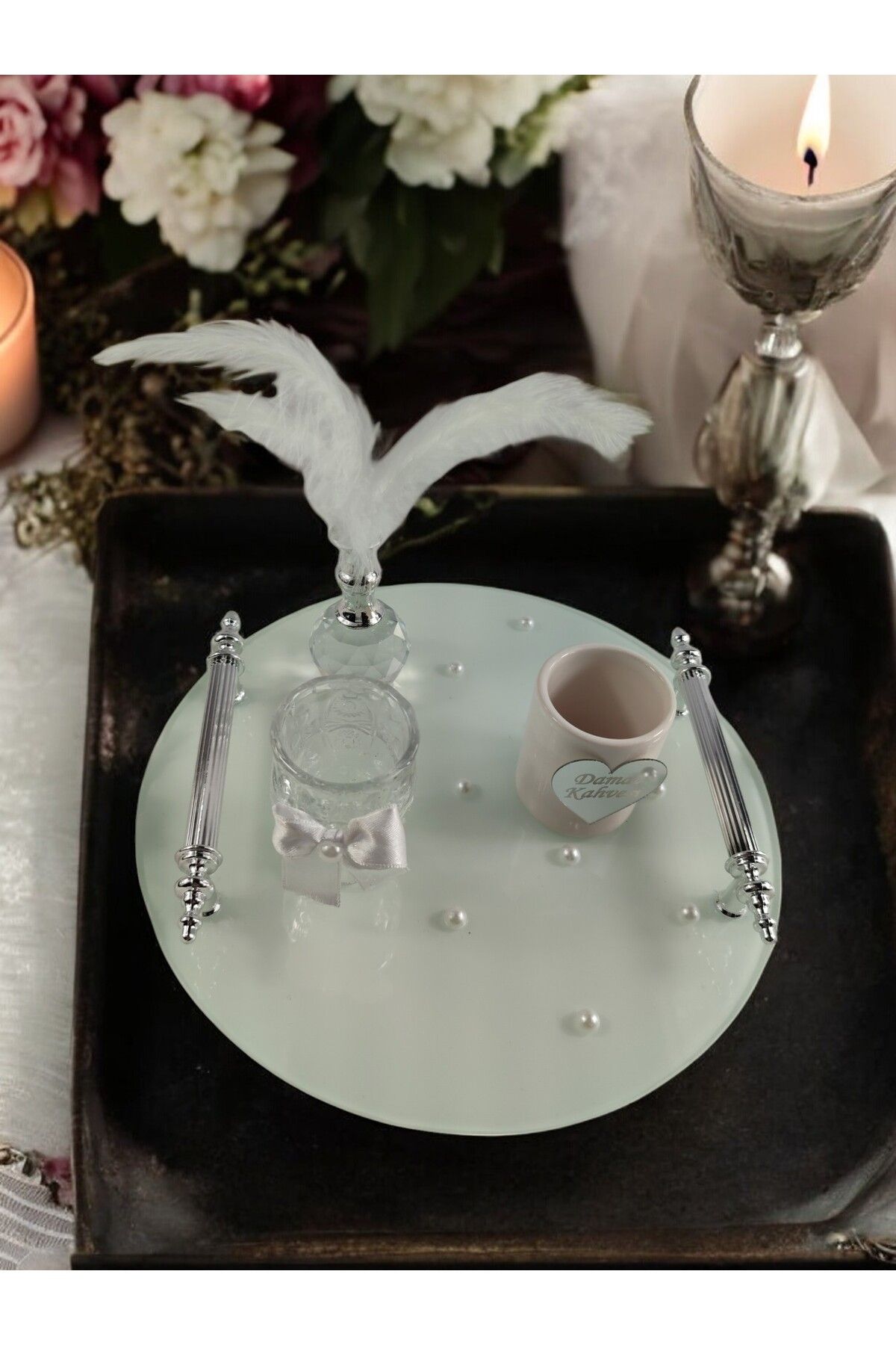 Basic Creation-Promise Tray with Pearls for Groom Coffee and White Round Tray - Set Including Scissors and Ribbons 2