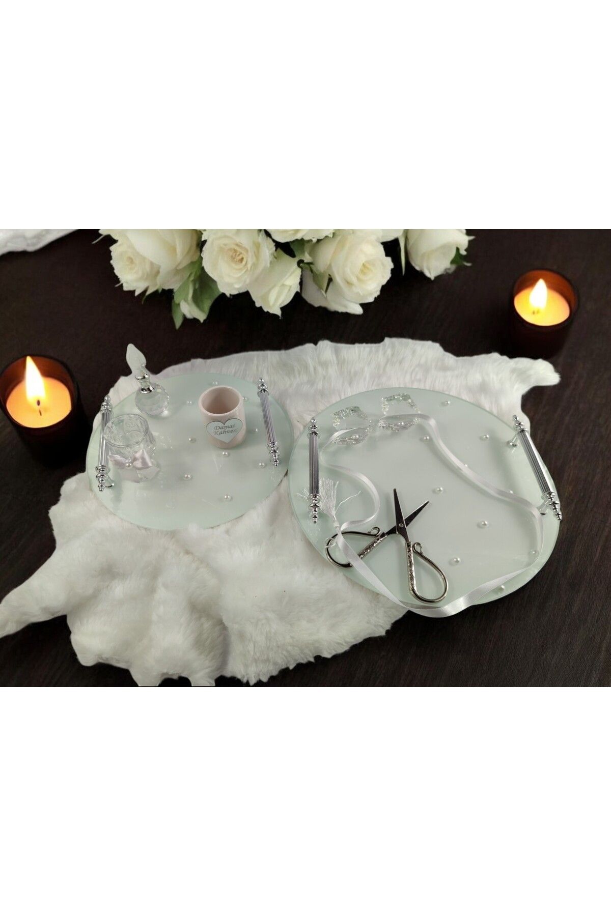 Basic Creation-Promise Tray with Pearls for Groom Coffee and White Round Tray - Set Including Scissors and Ribbons 1