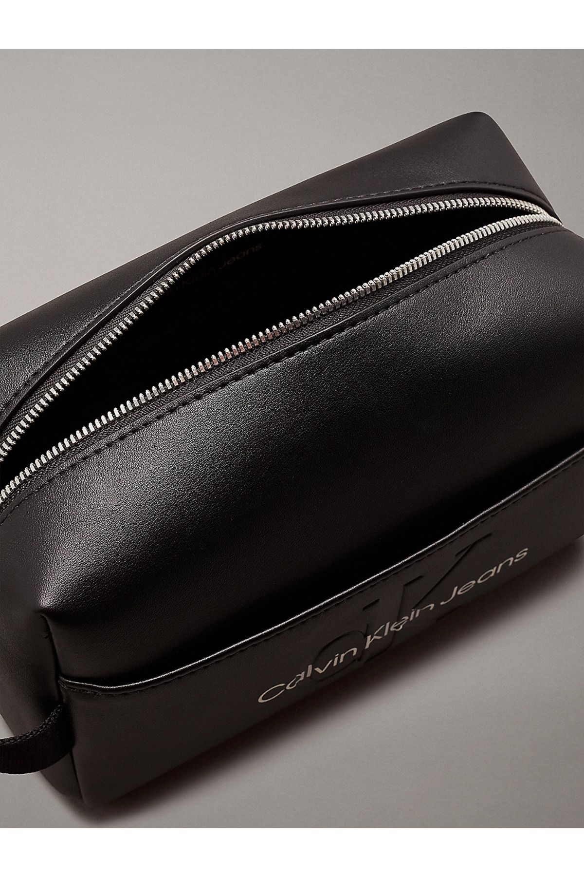 Calvin Klein-Women's Zipper Closure Front Pocket Leather Black Toiletry Bag 4