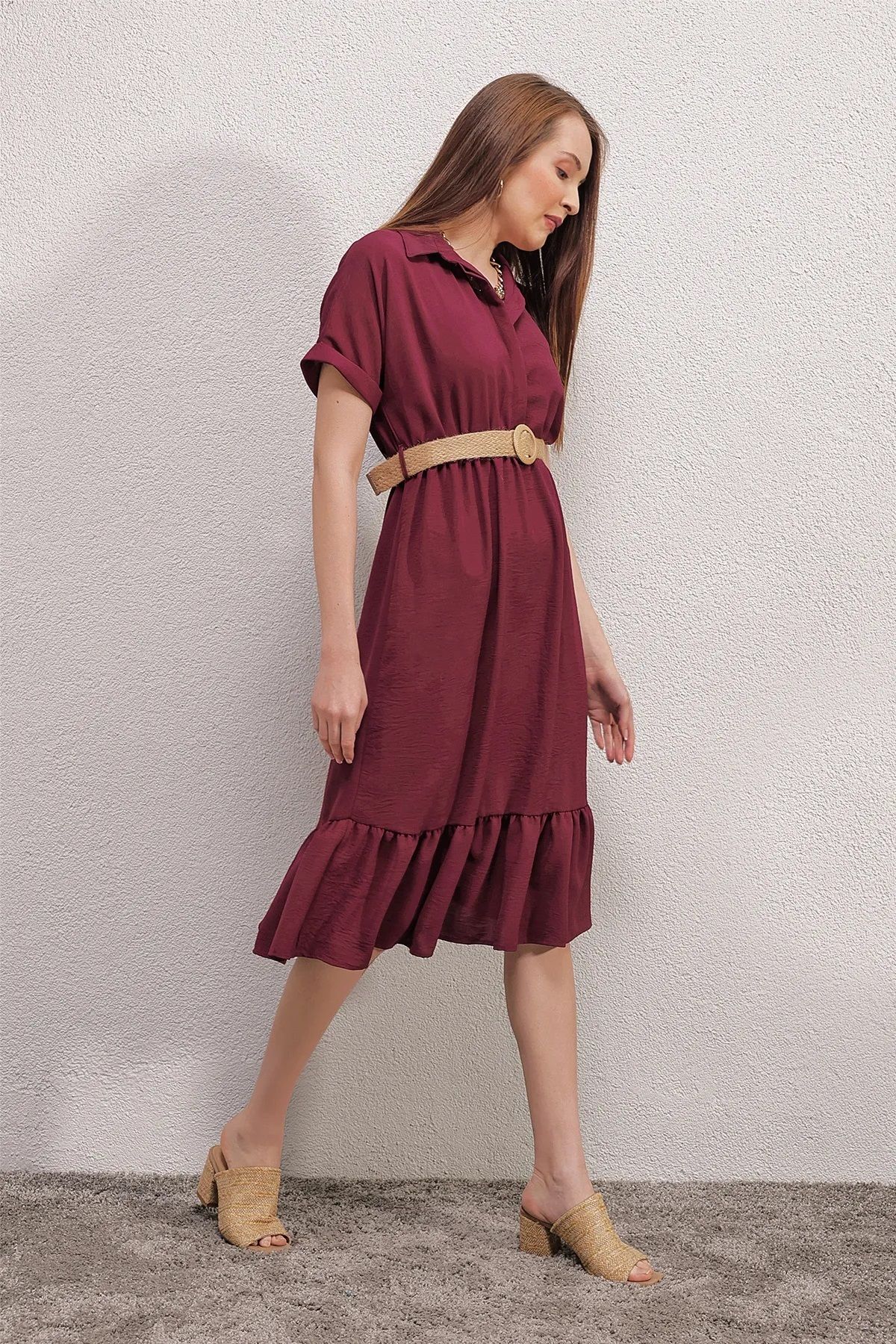 Bigdart-2292 Belted Dress - Claret Red 2