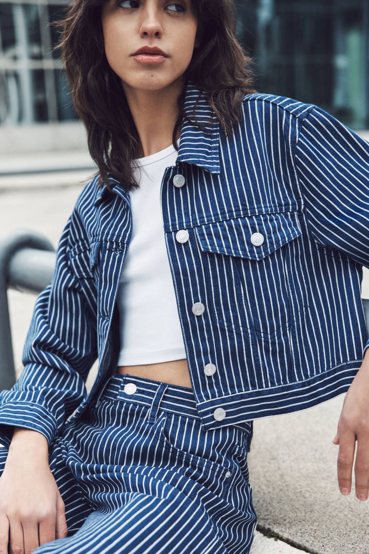 Pull & Bear Çizgili oversize denim ceket