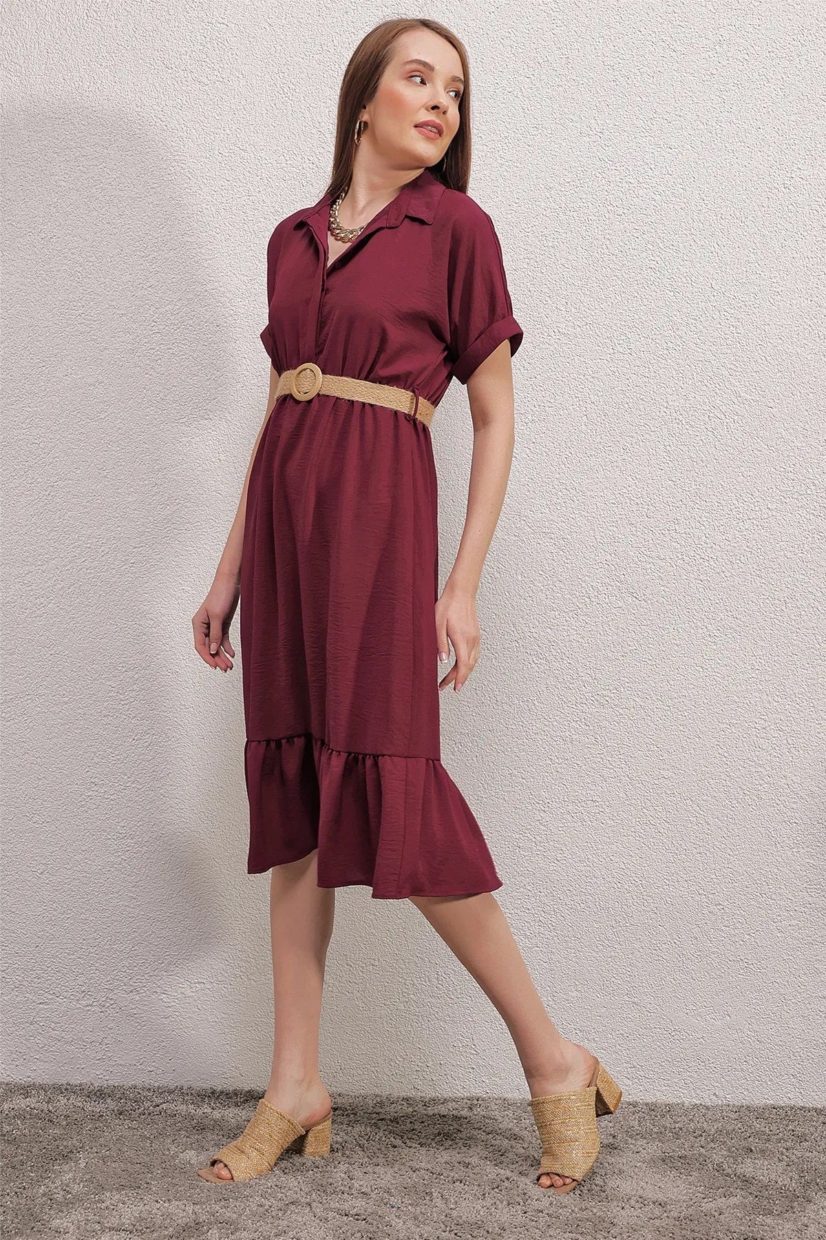Bigdart-2292 Belted Dress - Claret Red 3