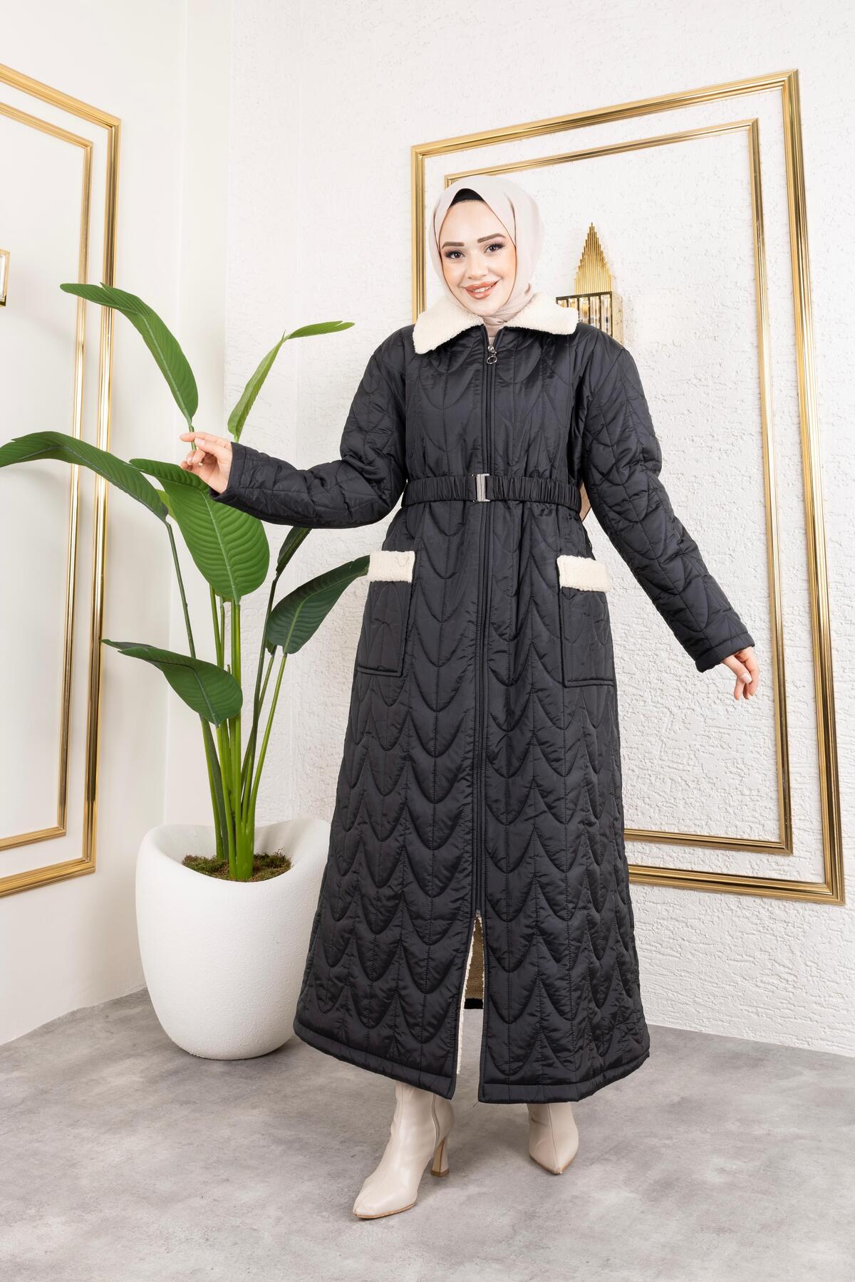 HARMAN BUTİK  KADIN İÇİ TAM KÜRKLÜ CEP DETAYLI KAPİTONE MONT - Görsel 4