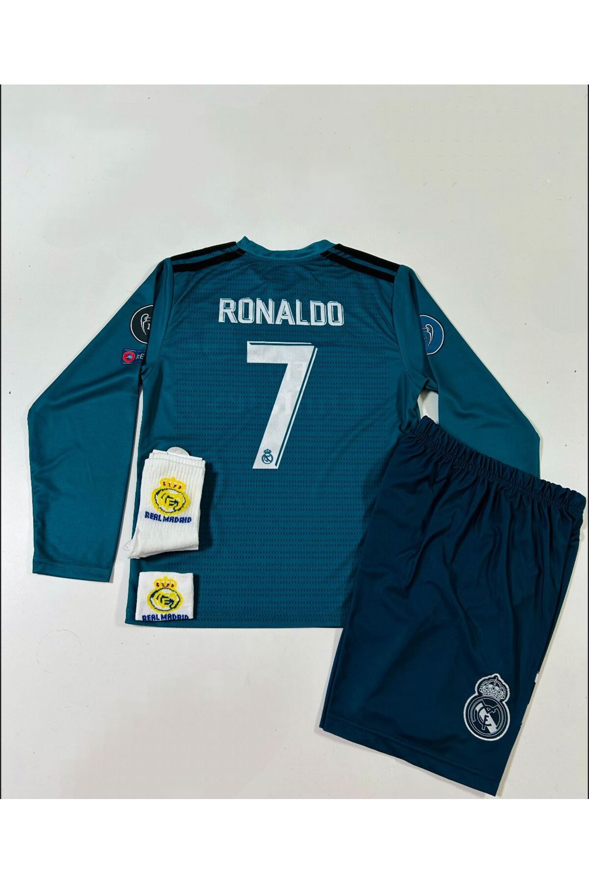 BREATHLESS R.e.a.l M.a.d.r.i.d 2018 Cristiano Ronaldo Turkuaz Röveşata Uzun Kol Çocuk Forması 4'lü Set (ARMALI)