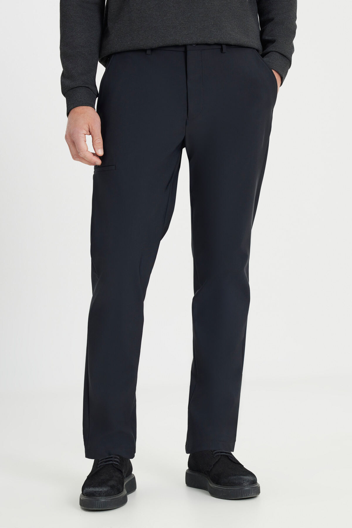 Erkek Siyah Slim Fit Dar Kesim Beli Bağlamalı Yan Cep Esnek Casual Pantolon