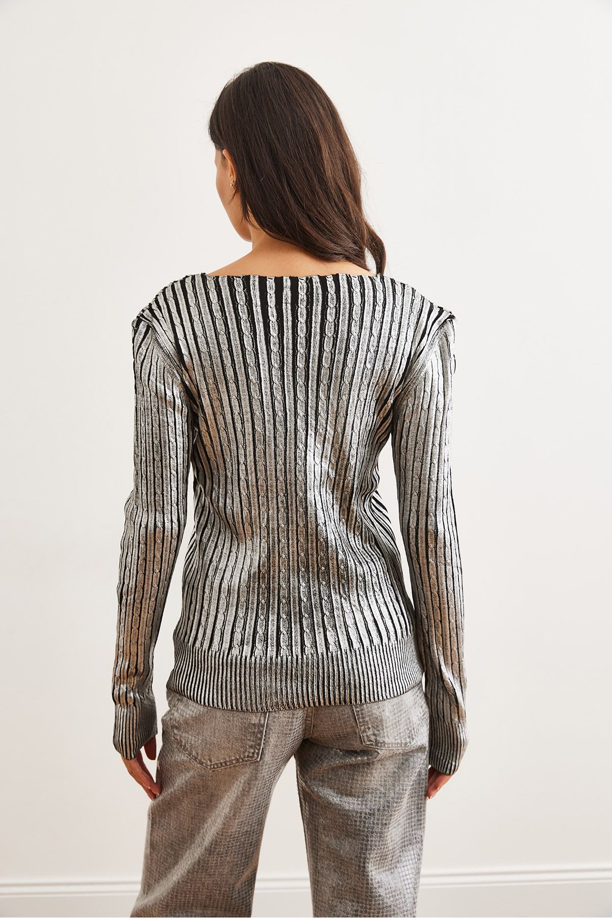 Olalook-Silberner Damen-Strickpullover mit V-Ausschnitt und kleinem Haar, geflochten, metallisch, KZK- 19000944 5