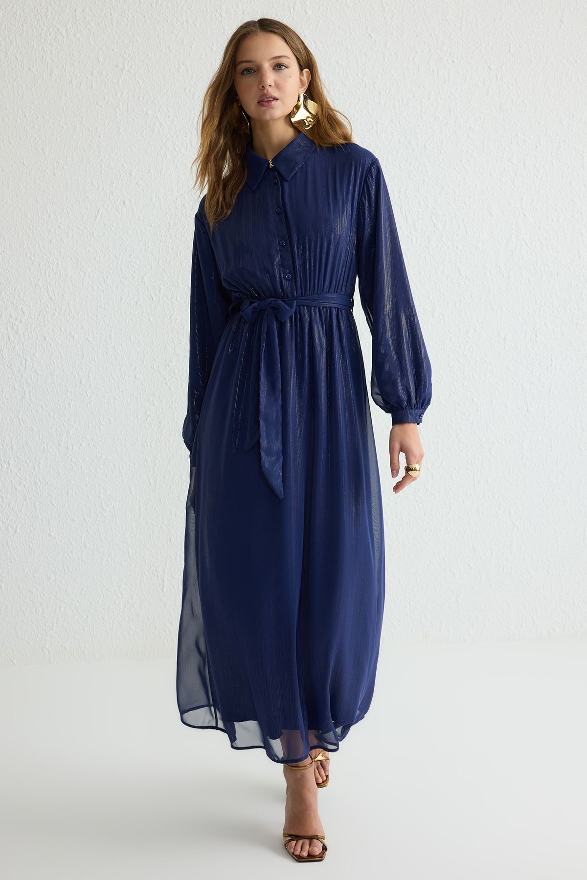 Trendyol Modest-Navy Blue Gold Accessory Button Silvery Lined Woven Dress Tctss25Eb00025 1