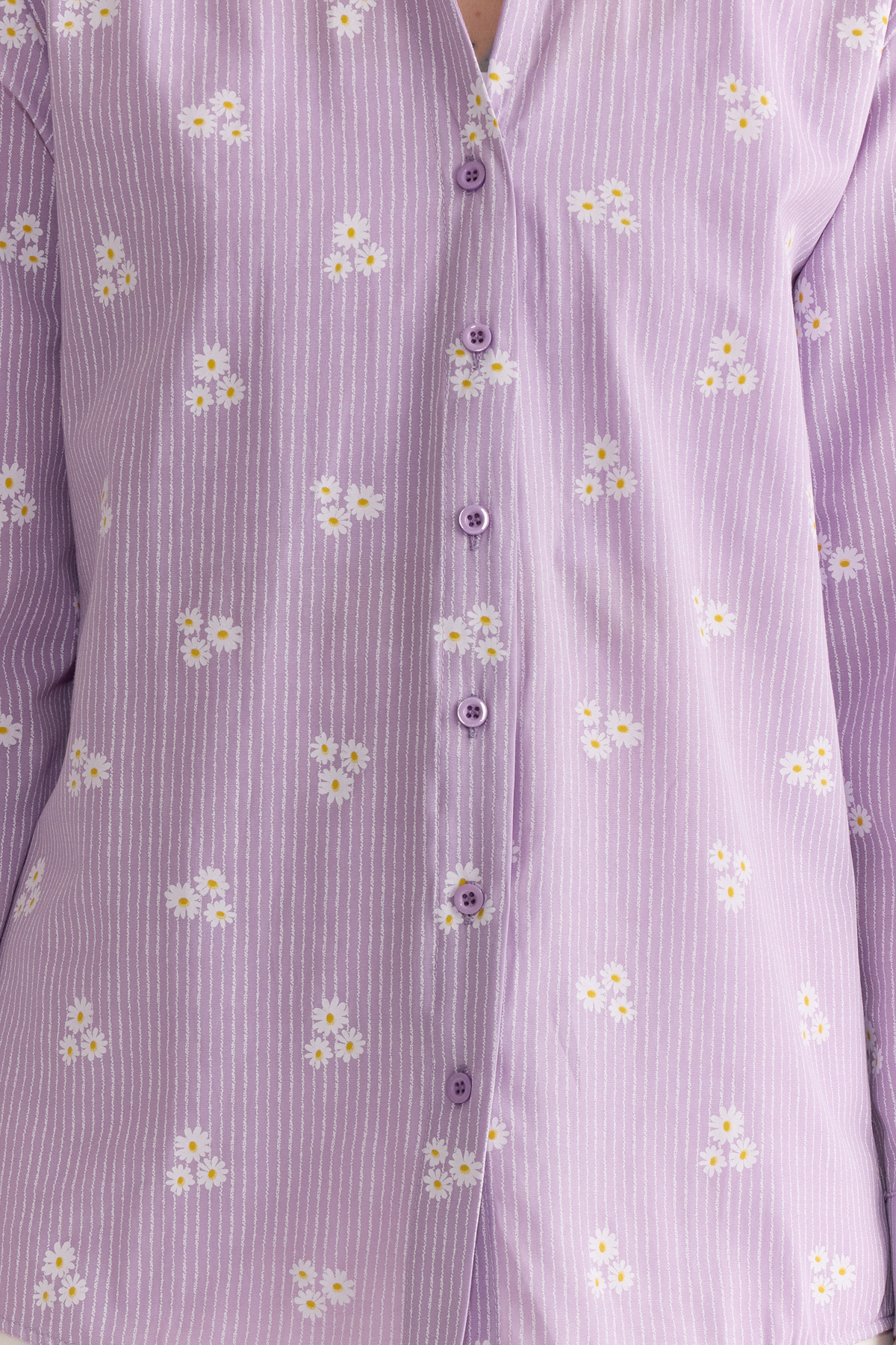 Trendyolmilla  Lila Çizgili Çiçek Desenli Pamuklu Oversize Geniş Kalıp Dokuma Gömlek TWOSS23GO00373 - Görsel 3