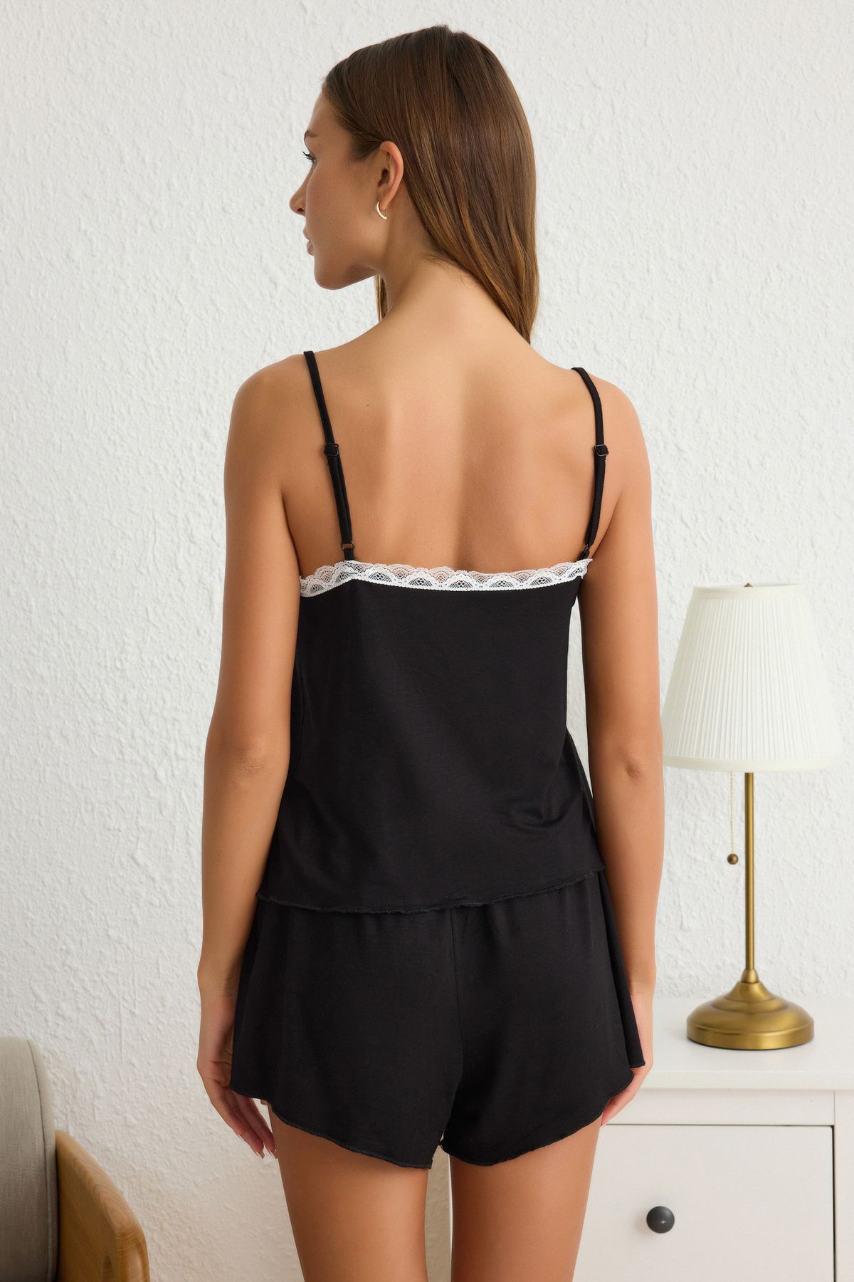 Trendyol Collection-Μαύρη δαντέλα και κορδέλα/φιόγκος λεπτομέρεια Σετ σορτς με λουράκι σχοινί πλεκτό σετ πιτζάμα THMSS25PT00083 4