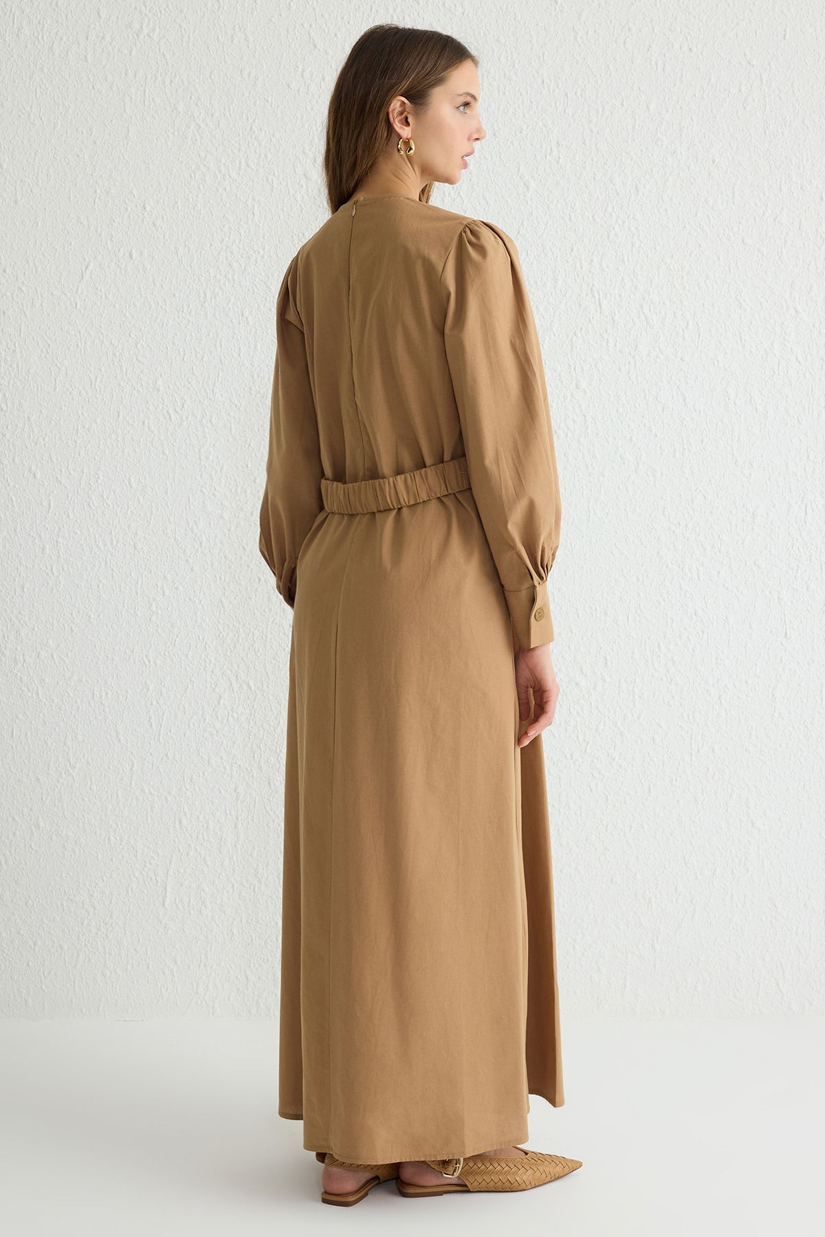 Trendyol Modest-Camel Linen Look Pleated Waist Detail Woven Dress Tctss25Eb00001 5