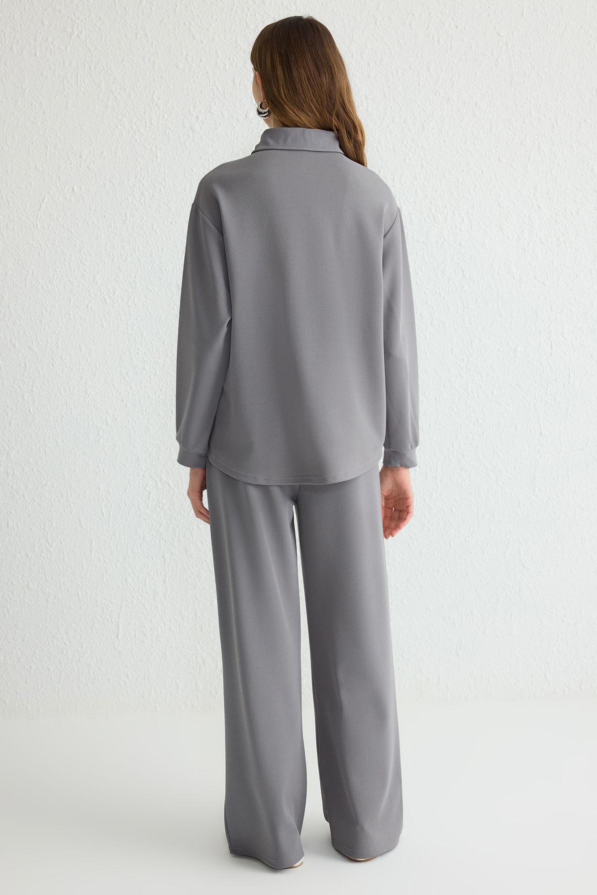 Trendyol Modest-Grauer Polokragen-Krepp-Strick-Unterteil-Oberteil-Anzug TCTSS25US00009 5
