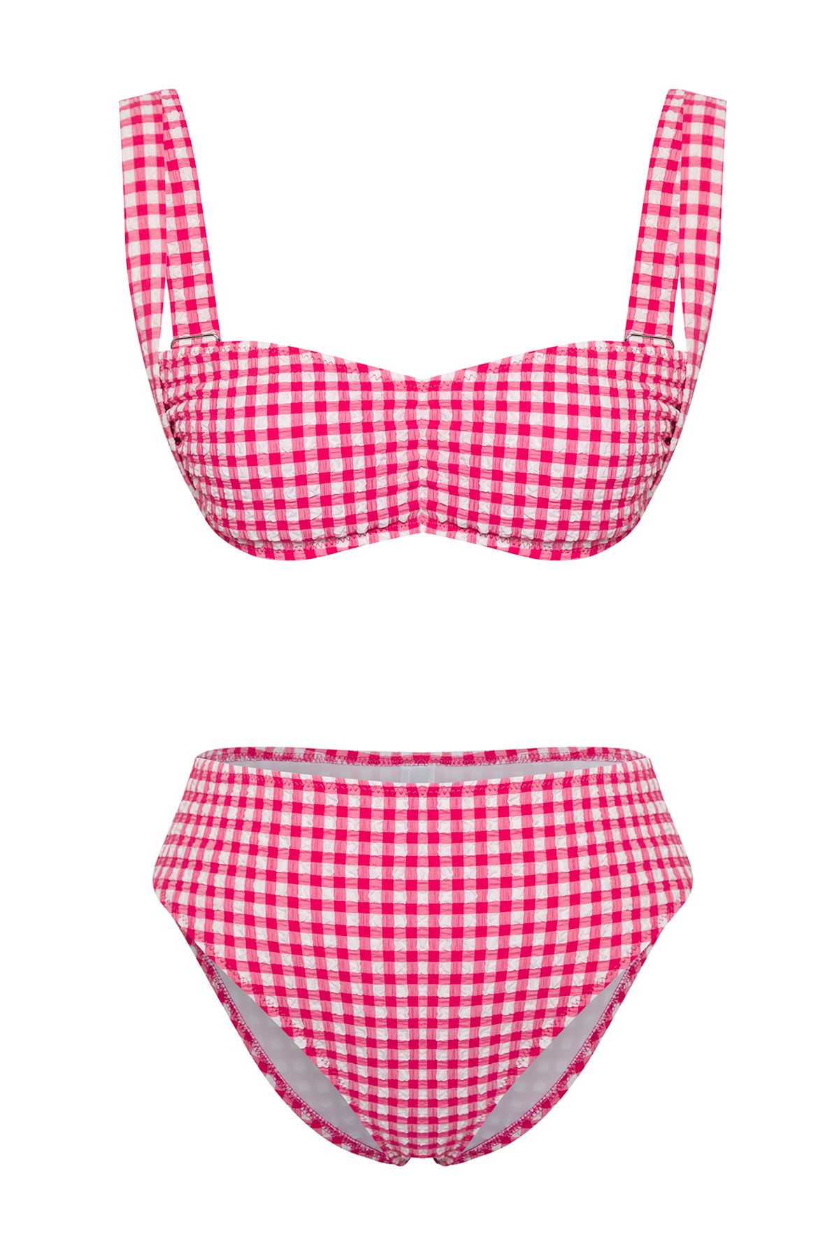 Trendyol Collection-Fuchsia-Mehrfarbenes, kariertes/kariertes Bralette-Bikini-Set mit normaler Taille 5