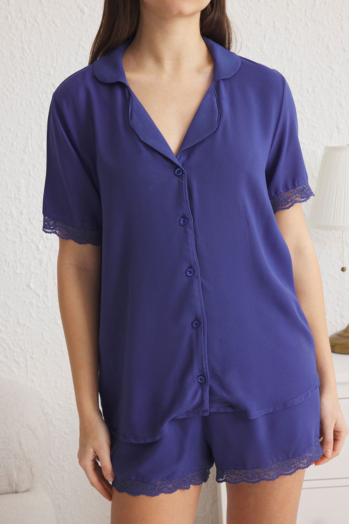 Trendyol Collection-Σετ πιτζάμες με ίσιες δαντέλες Indigo THMSS24PT00181 3