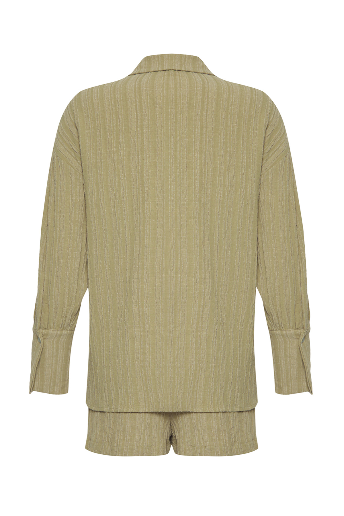 Trendyolmilla  Haki Dokuma Büzgülü Plaj Mini Yüksek Bel Gömlek-Şort Takım TBESS25AU00025 - Görsel 7