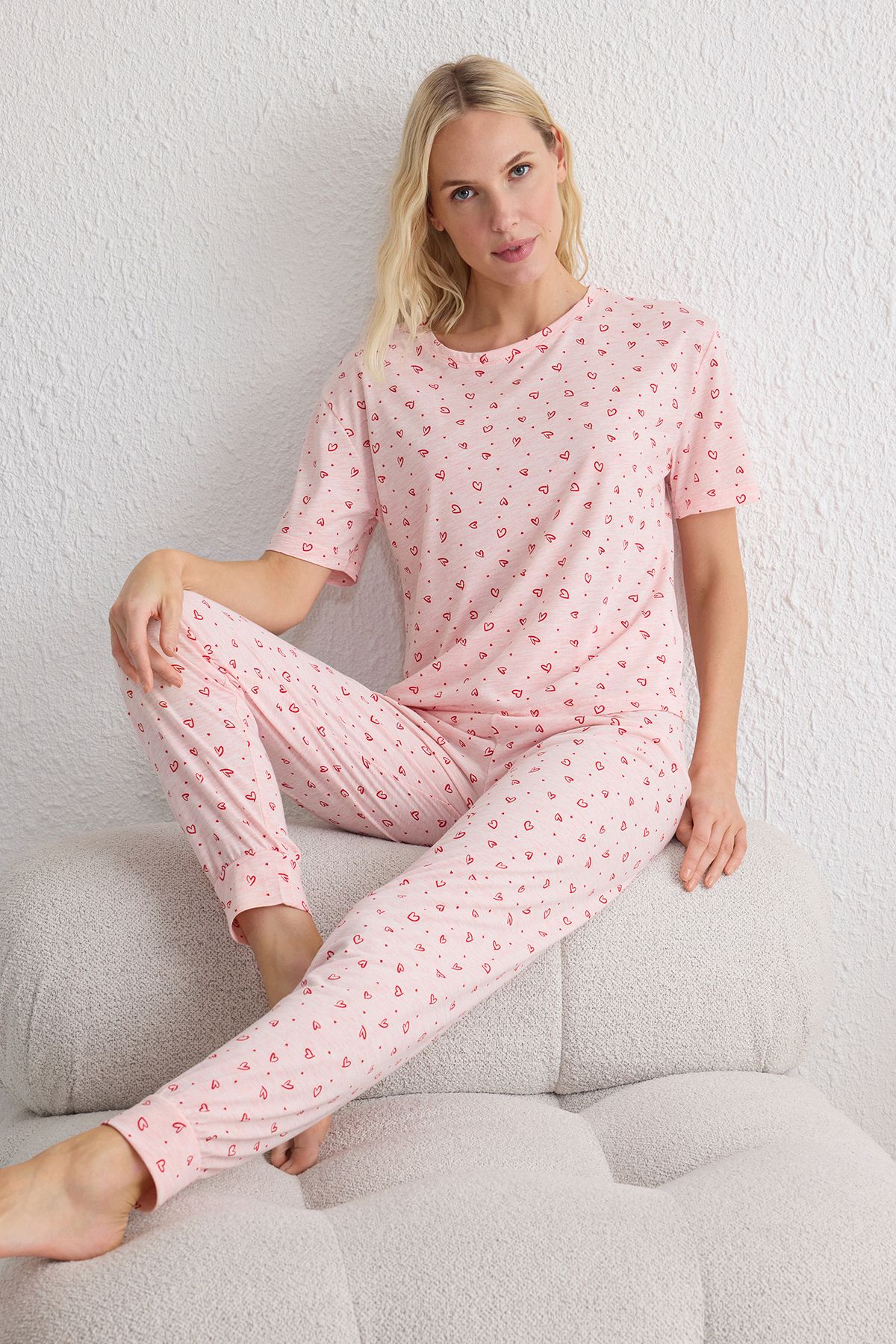 Trendyol Collection Różowy, Serduszkowy, Dzianinowy Komplet Piżamowy Kobieta - S