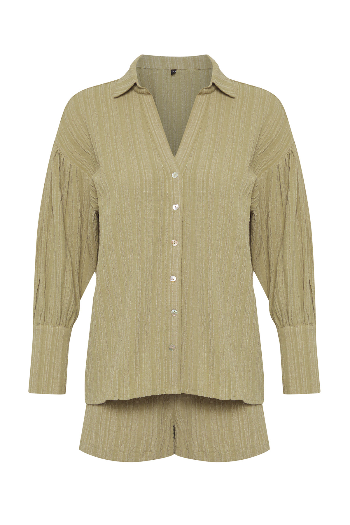 Trendyolmilla  Haki Dokuma Büzgülü Plaj Mini Yüksek Bel Gömlek-Şort Takım TBESS25AU00025 - Görsel 6