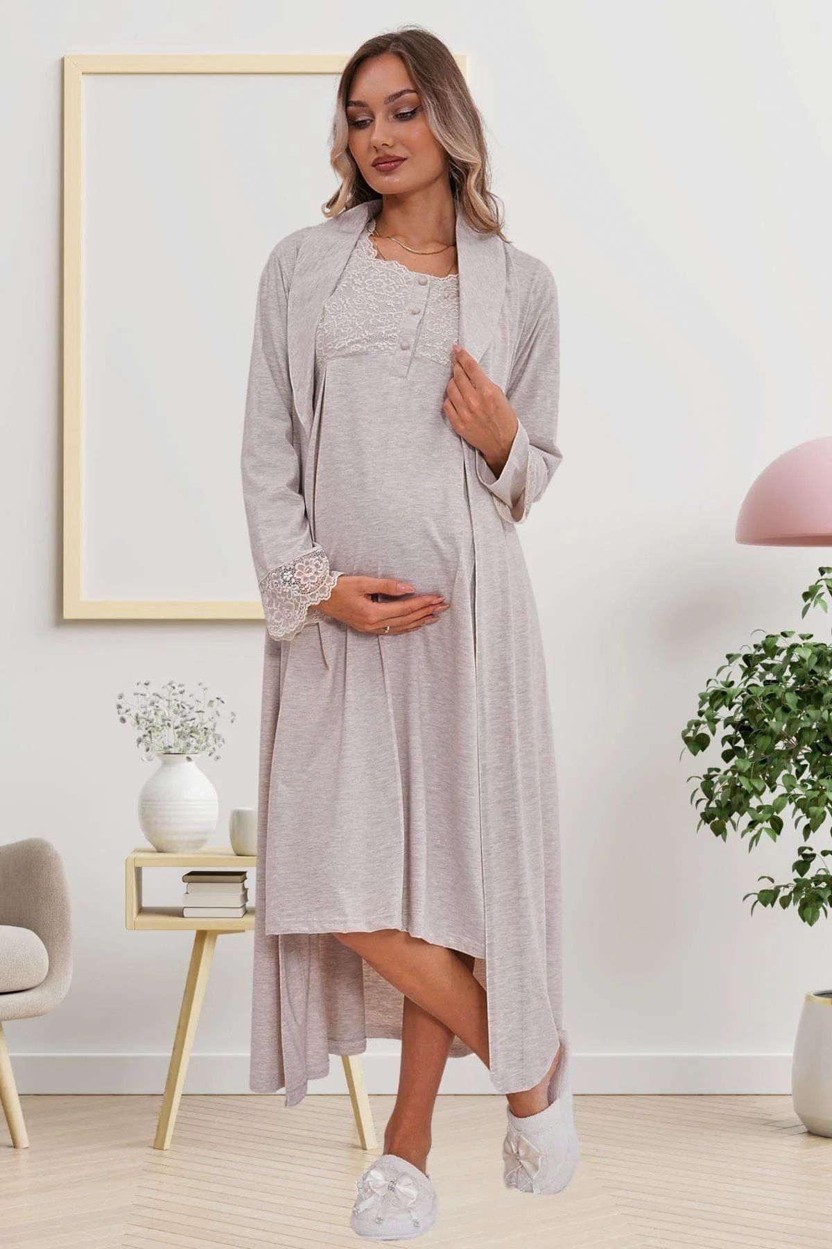 Mecit Pijama-Maternity-Maternity Nightgown 2-Piece Set with Button Collar, Cotton Long Sleeve Dressing Gown 1