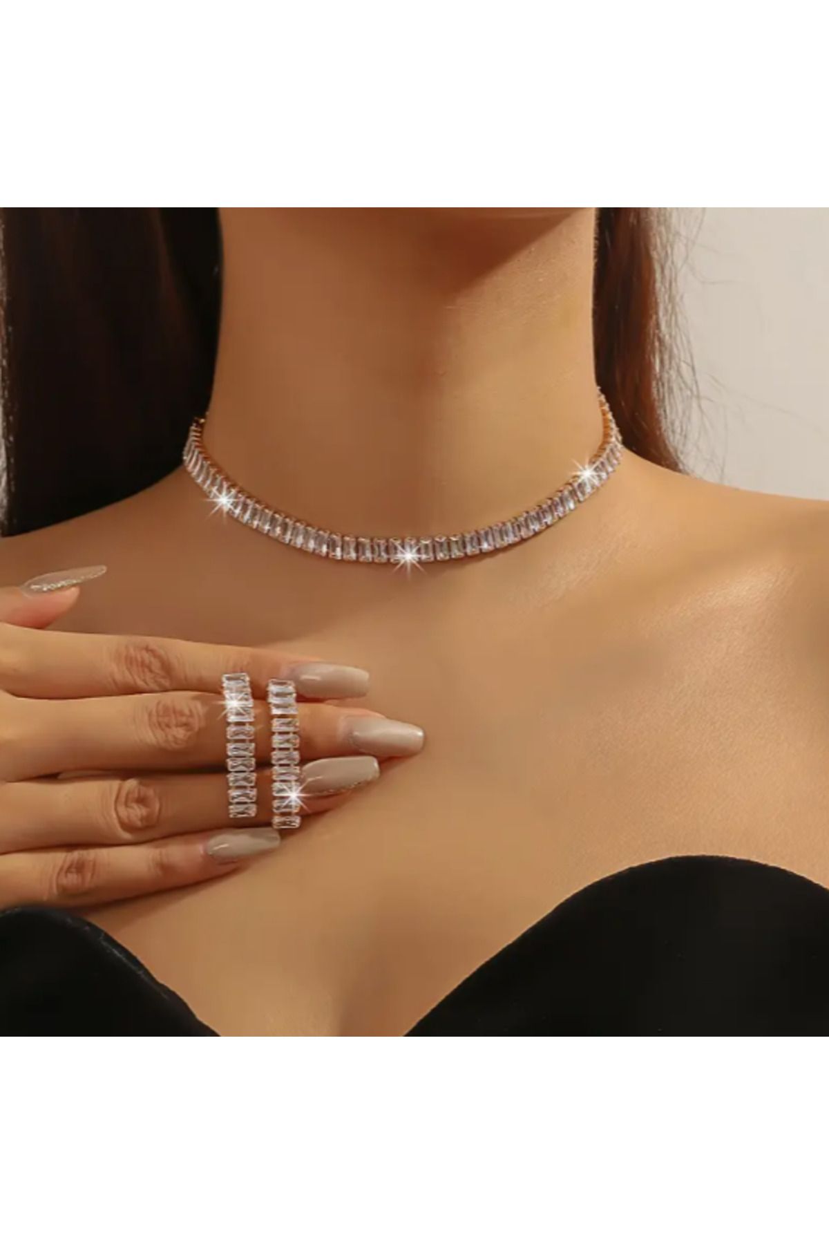 SE Jewellery Baget Taşlı Gold Su Yolu Kolye Küpe Set