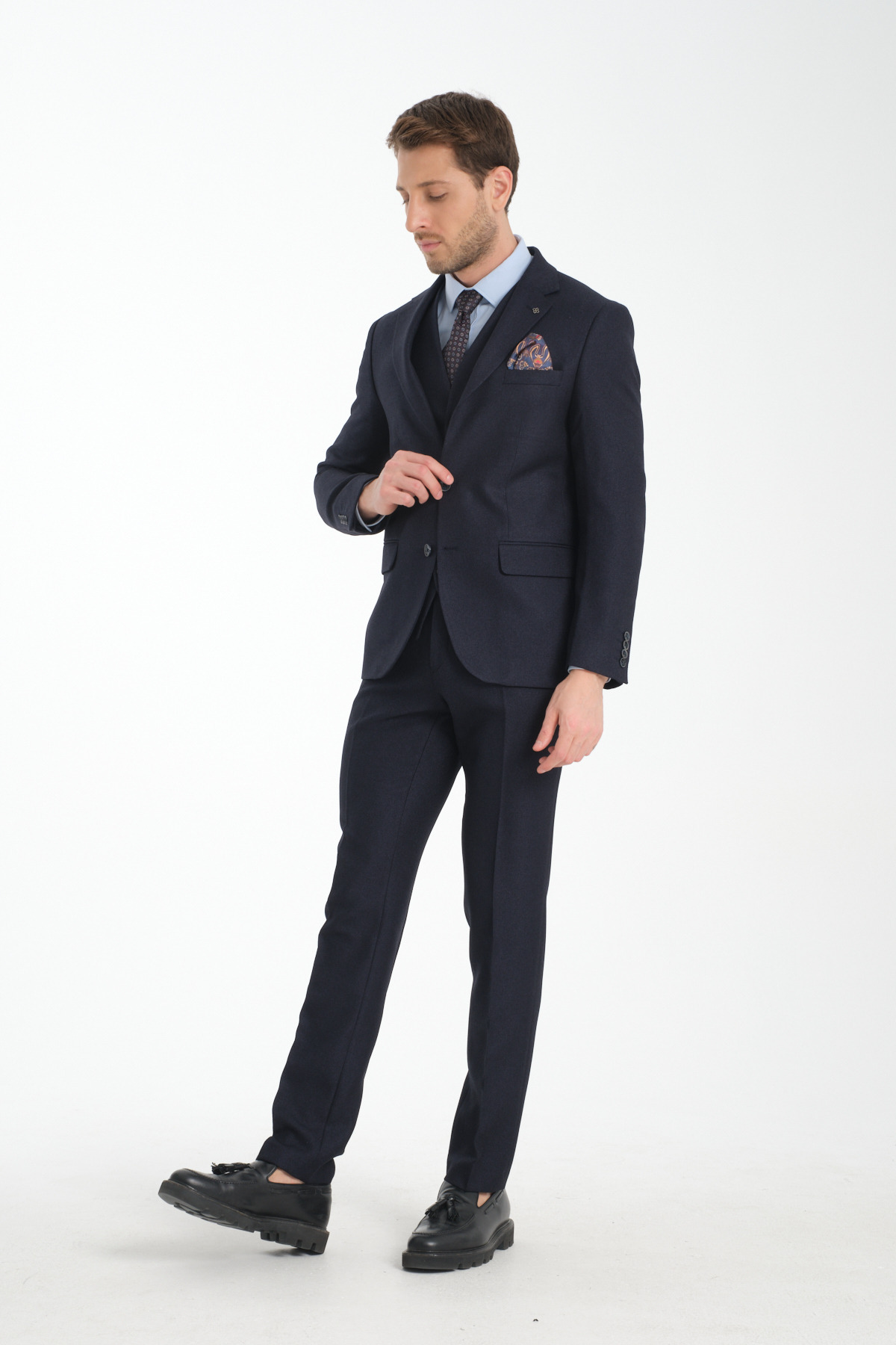 Frappoli  Slim Fit Kalın Düz Mono Yaka Çift Yırtmaçlı Astarlı Takim Elbise - Görsel 3