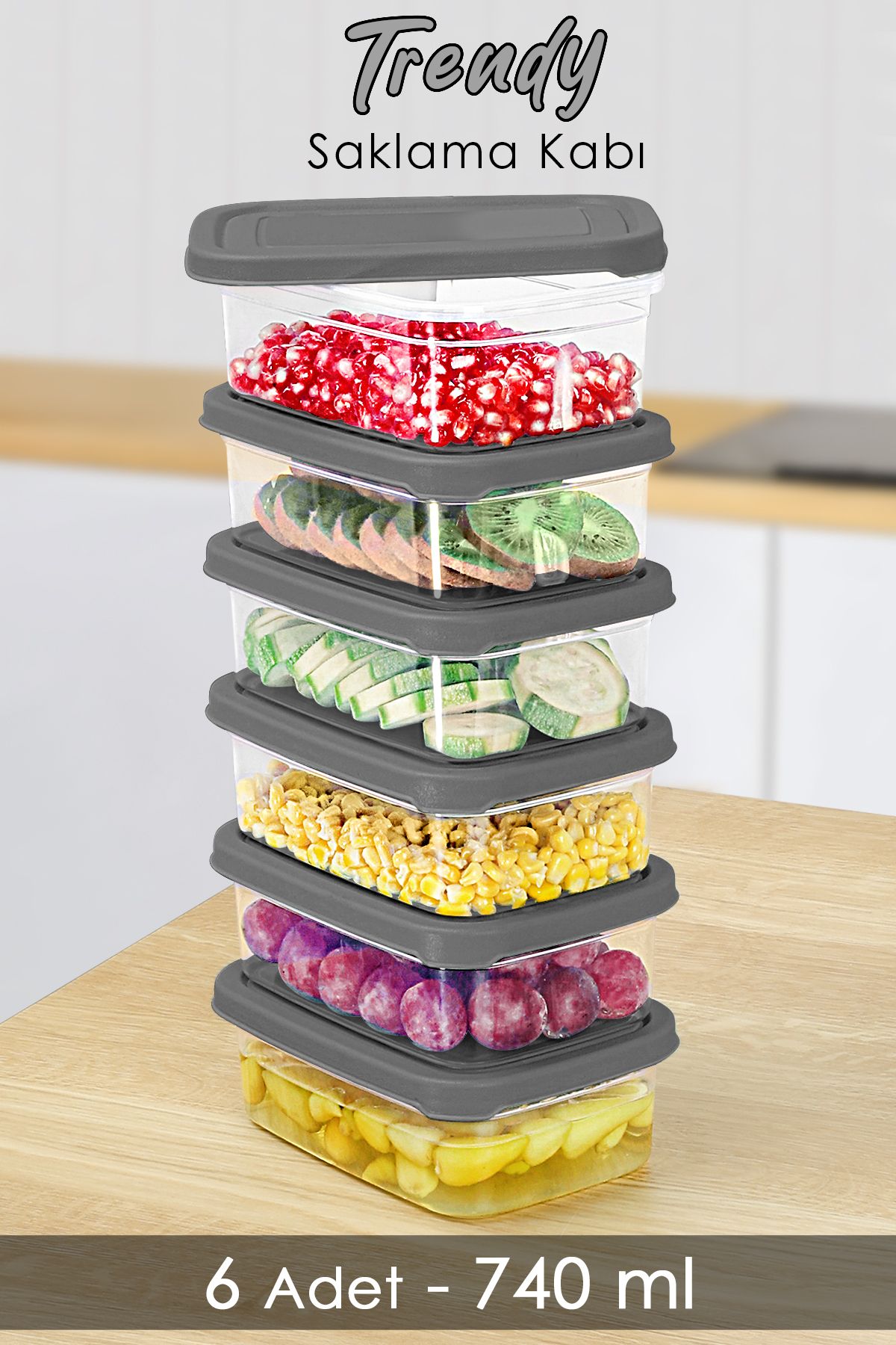 Meleni Home-6 Pieces Gray Rectangular Food Storage Container - 740ml Microwavable Organizer 1