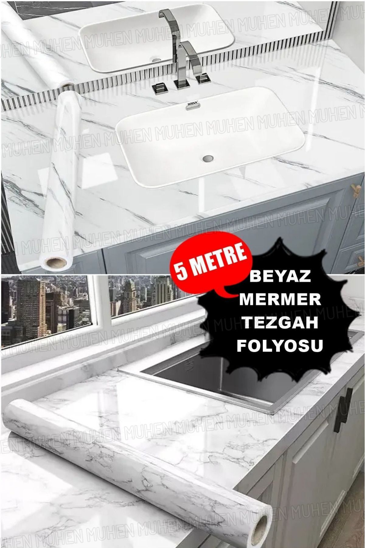 Zogira Mermer Desen Pvc Kendinden Yapışkanlı Duvar Buzdolabı Masa Kaplama Beyaz Mermer Folyo 5 Metre