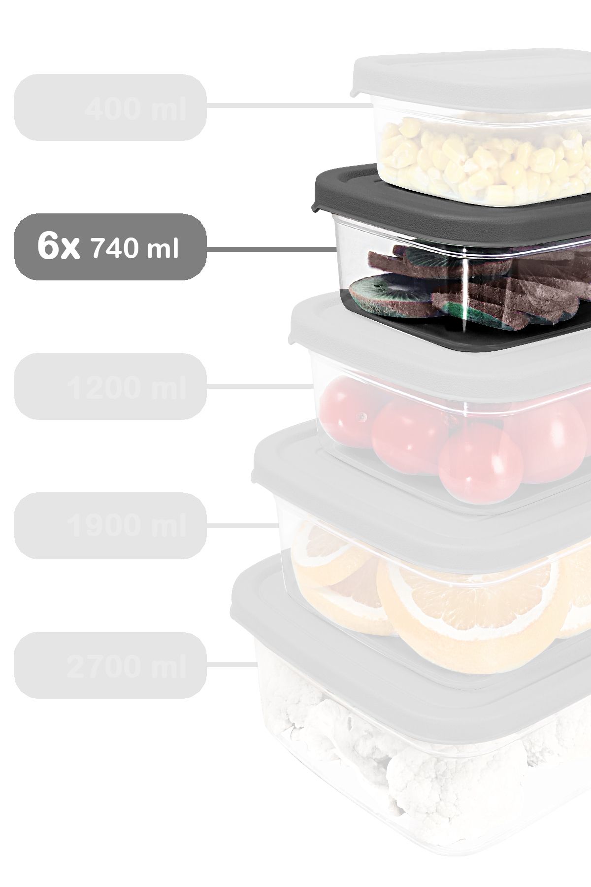 Meleni Home-6 Pieces Gray Rectangular Food Storage Container - 740ml Microwavable Organizer 2